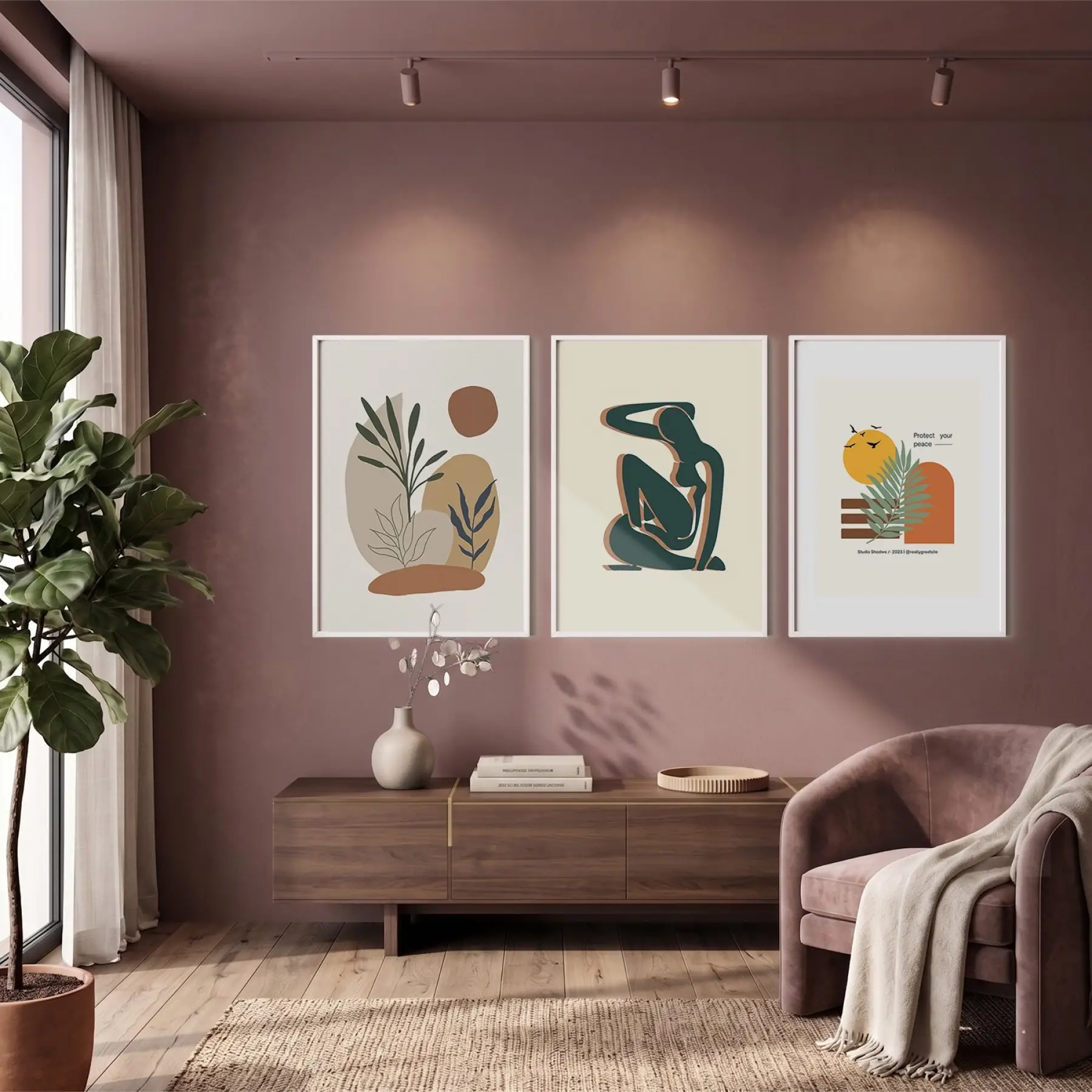 Bohem Soyut Figürlü Botanik 3lü Beyaz Çerçeveli Tablo Seti Bohem Tablo Poster Tablo Duvar Tablo Ev