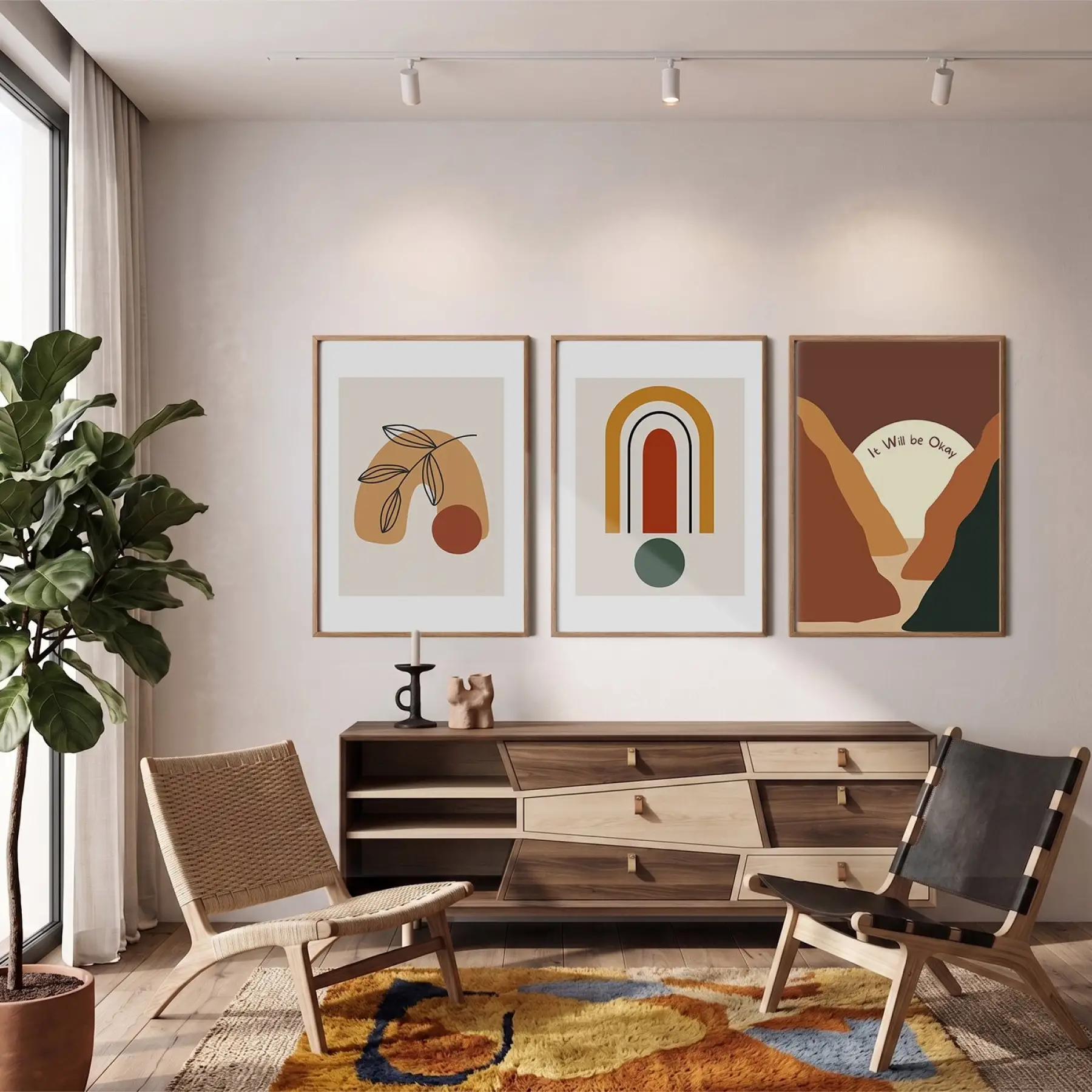 Bohem Toprak Tonları Sanat 3lü Ahşap Çerçeveli Tablo Seti Bohem Tablo Poster Tablo Duvar Tablo Ev