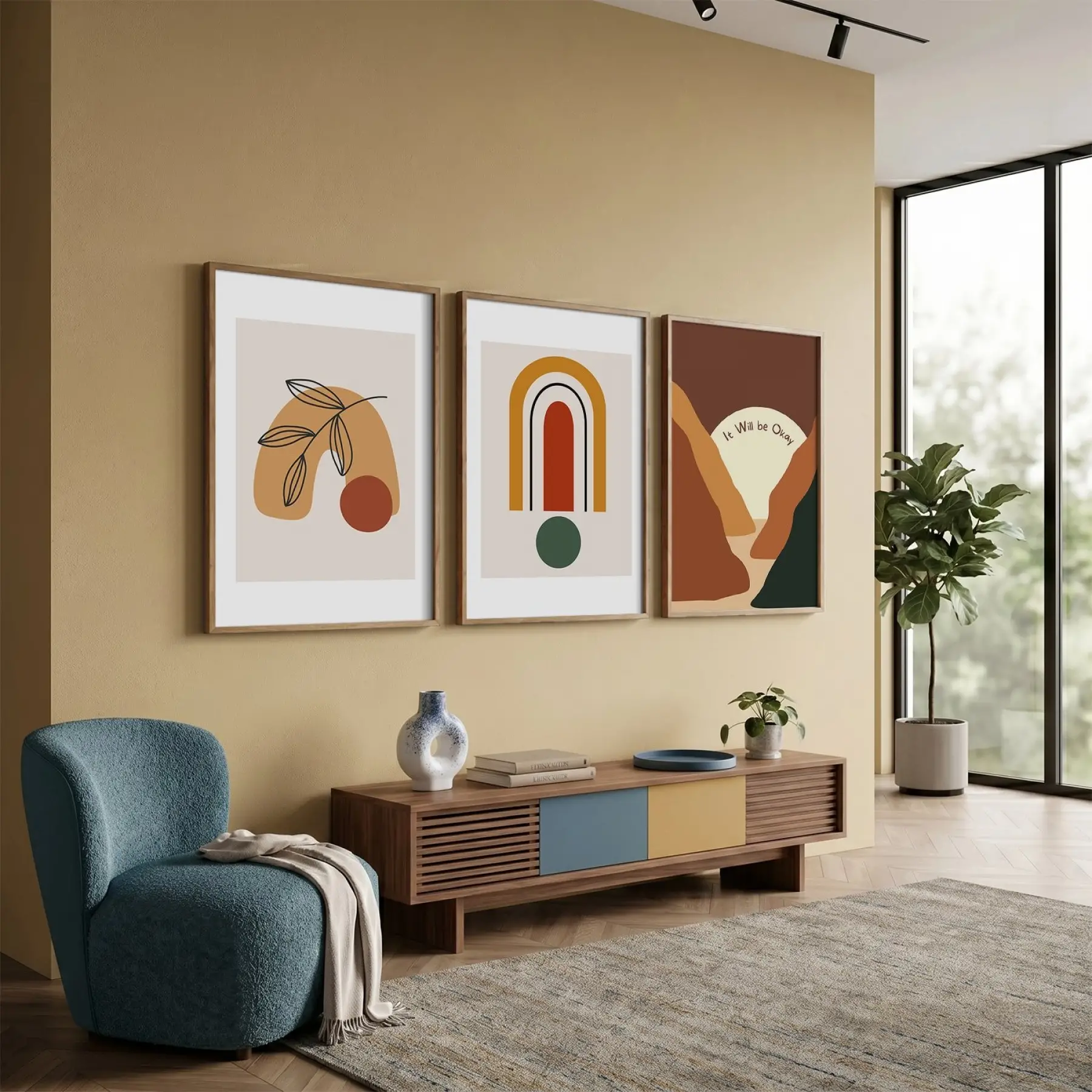 Bohem Toprak Tonları Sanat 3lü Ahşap Çerçeveli Tablo Seti Bohem Tablo Poster Tablo Duvar Tablo Ev