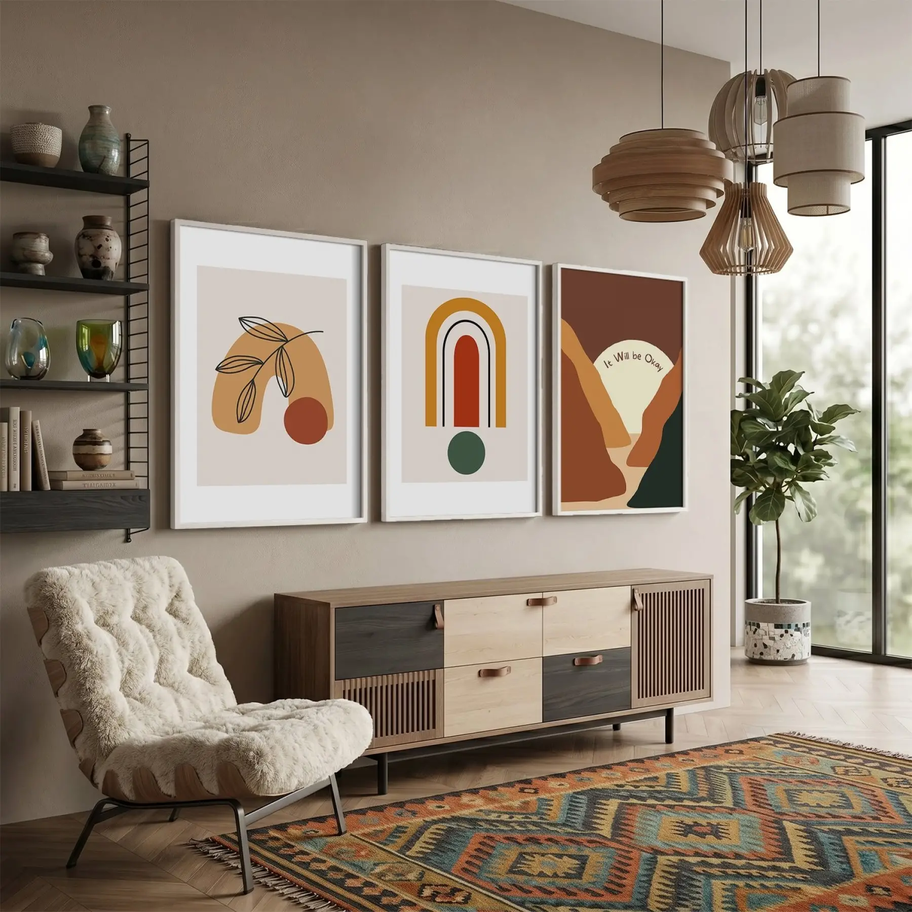 Bohem Toprak Tonları Sanat 3lü Beyaz Çerçeveli Tablo Seti Bohem Tablo Poster Tablo Duvar Tablo Ev