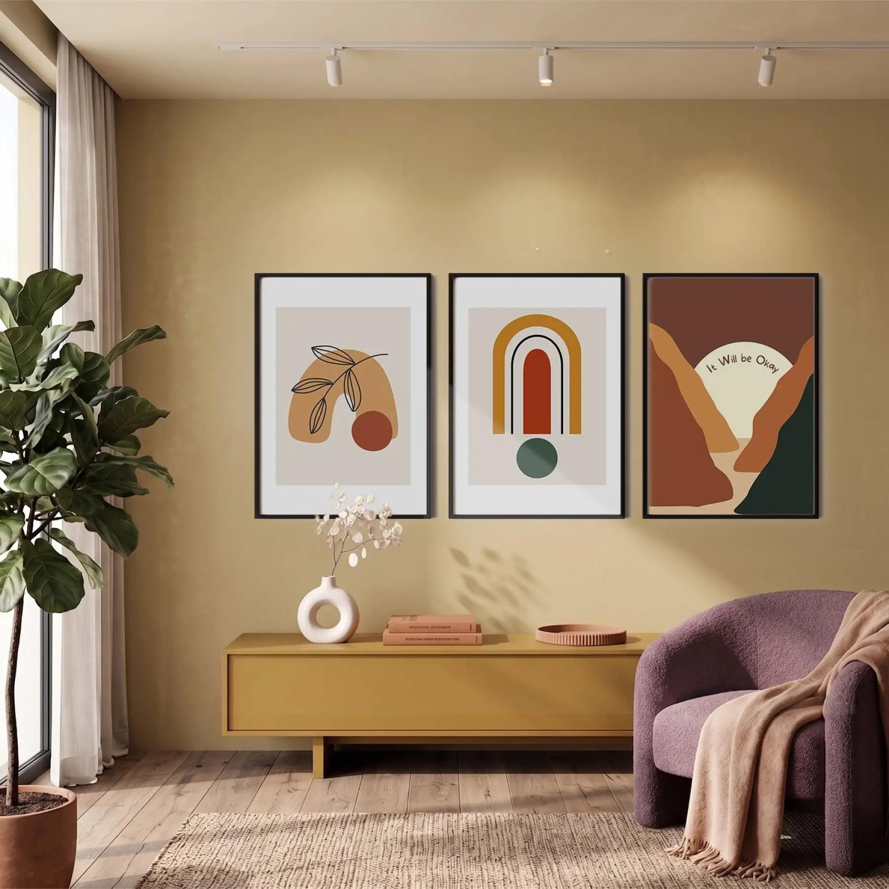 Bohem Toprak Tonları Sanat 3lü Siyah Çerçeveli Tablo Seti Bohem Tablo Poster Tablo Resim Çerçevesi
