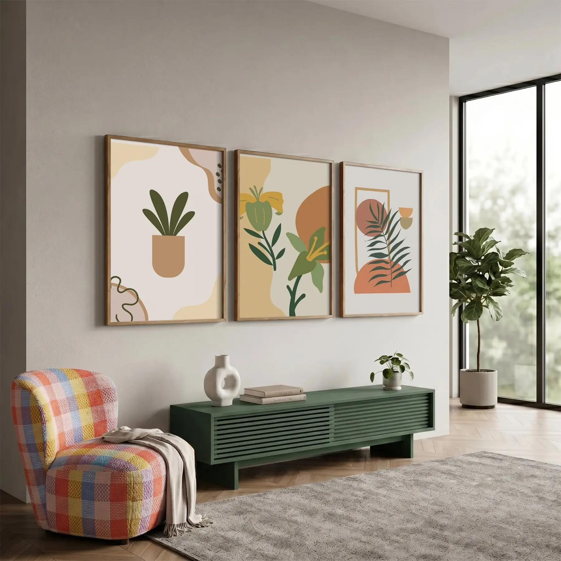 Minimalist Botanik Koleksiyonu 3lü Ahşap Çerçeveli Tablo Seti Bohem Tablo Tablo Çerçeve Salon Duvar