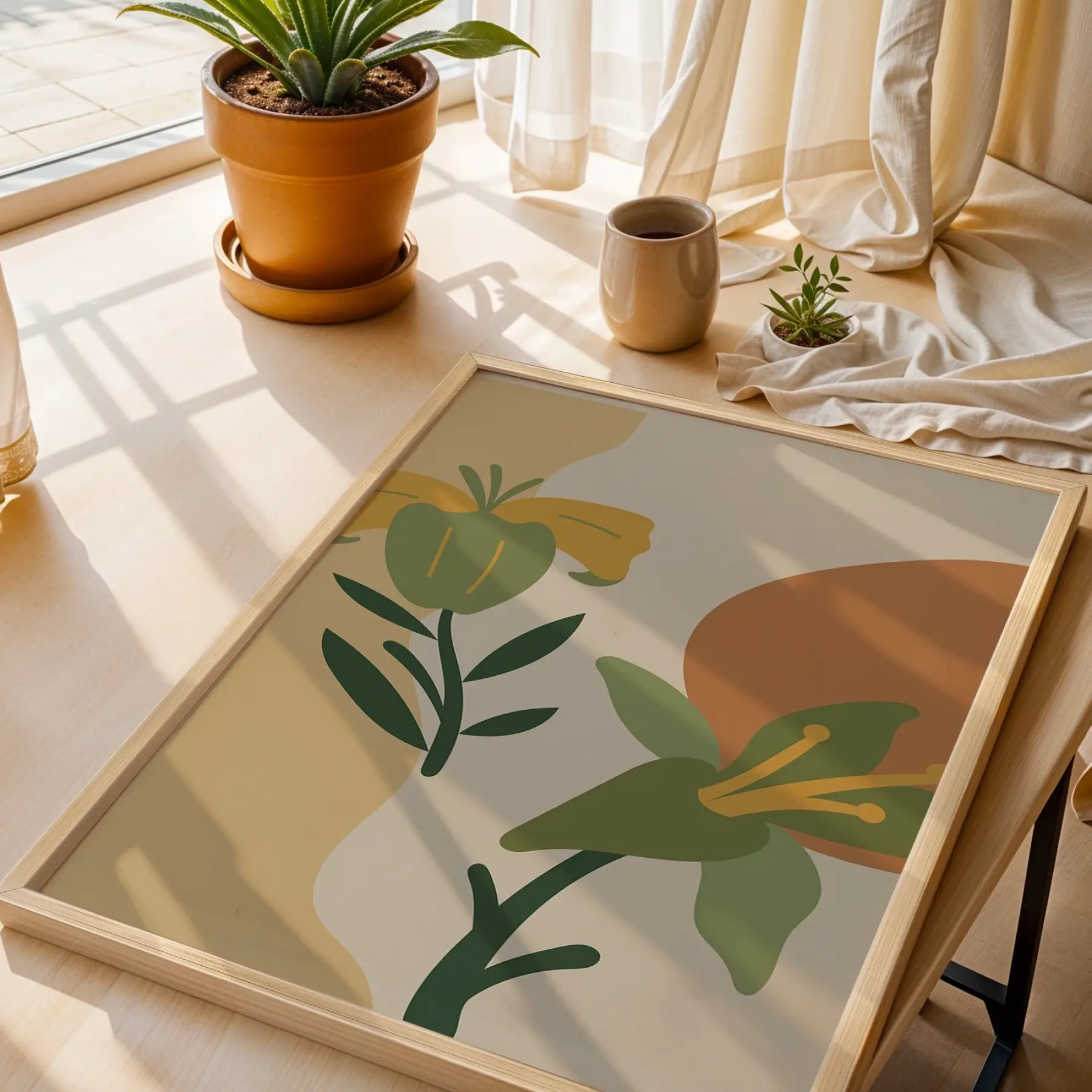 Minimalist Botanik Koleksiyonu 3lü Ahşap Çerçeveli Tablo Seti Bohem Tablo Tablo Çerçeve Salon Duvar