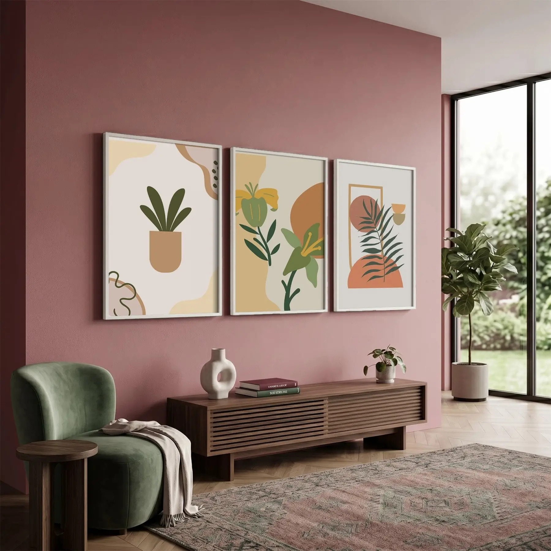 Minimalist Botanik Koleksiyonu 3lü Beyaz Çerçeveli Tablo Seti Bohem Tablo Resim Çerçevesi Tablo
