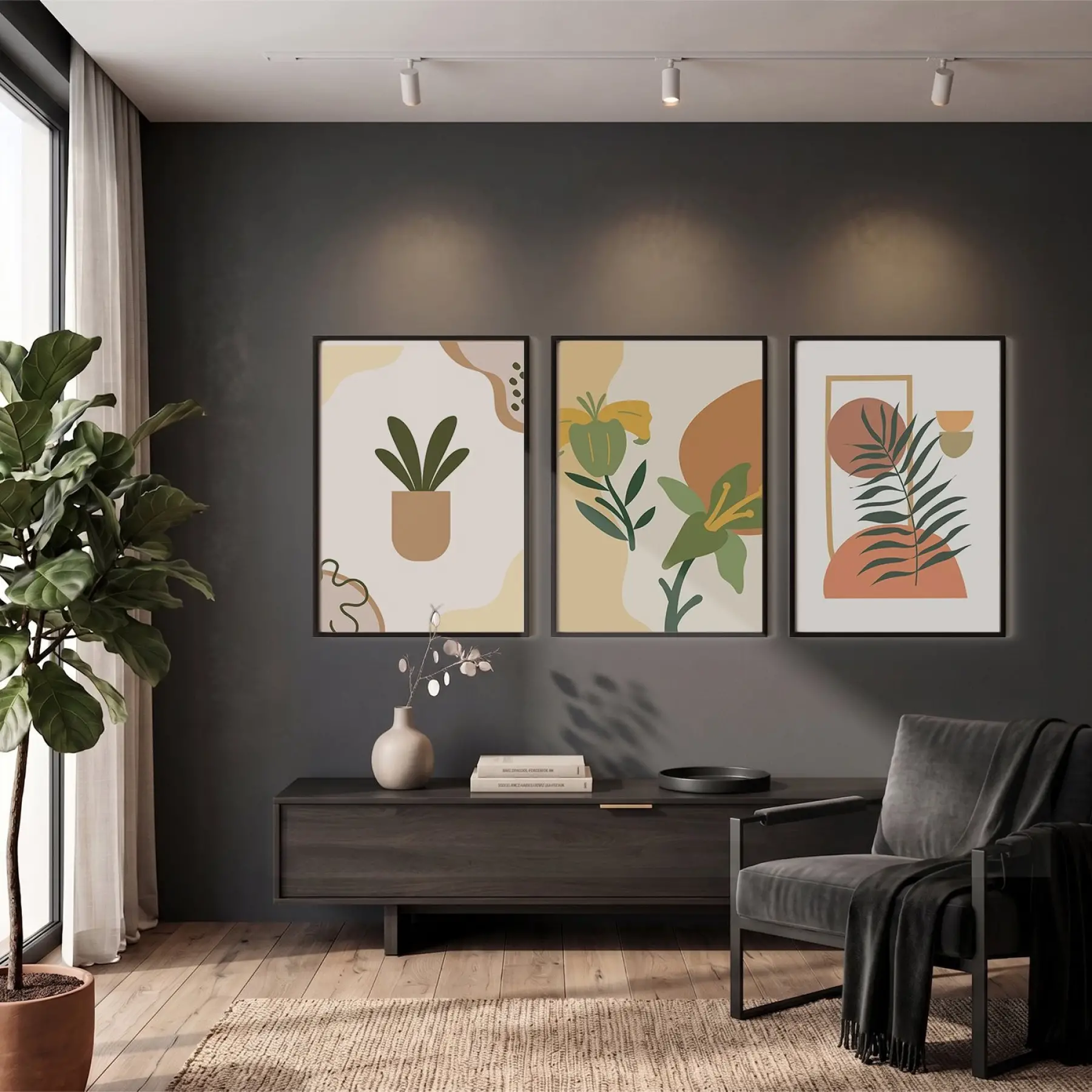 Minimalist Botanik Koleksiyonu 3lü Siyah Çerçeveli Tablo Seti Bohem Tablo Salon Duvar Tablo Poster