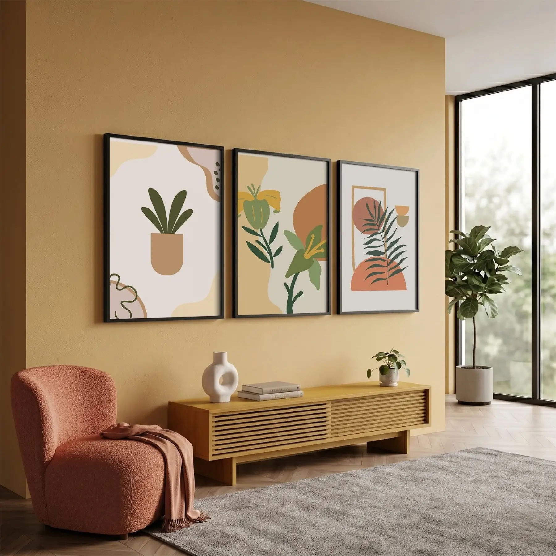 Minimalist Botanik Koleksiyonu 3lü Siyah Çerçeveli Tablo Seti Bohem Tablo Salon Duvar Tablo Poster