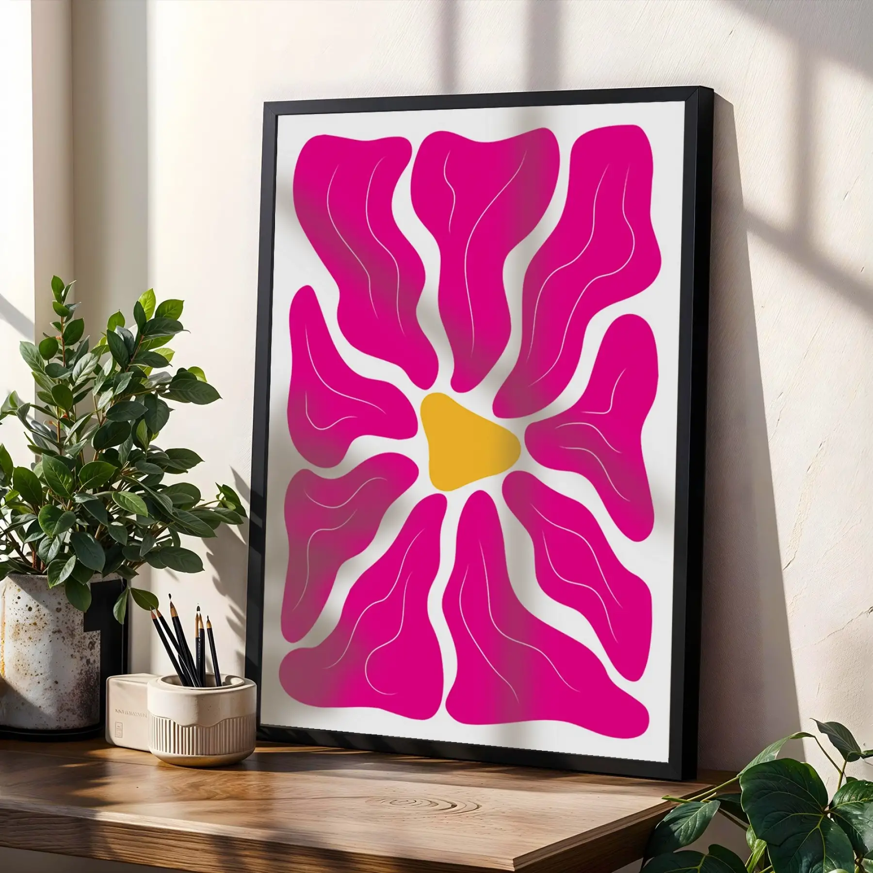 Canlı Fuşya Sarı Soyut Formlar 3lü Siyah Çerçeveli Tablo Seti Poster Tablo Duvar Tablo Ev