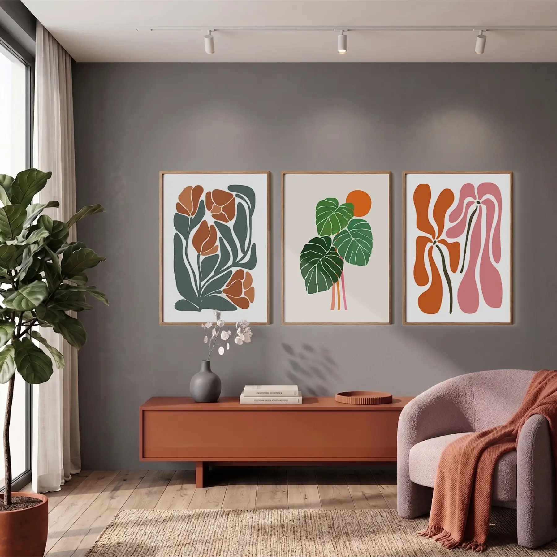 Akışkan Botanik Soyut Sanat 3lü Ahşap Çerçeveli Tablo Seti Bohem Tablo Resim Çerçevesi Tablo Salon