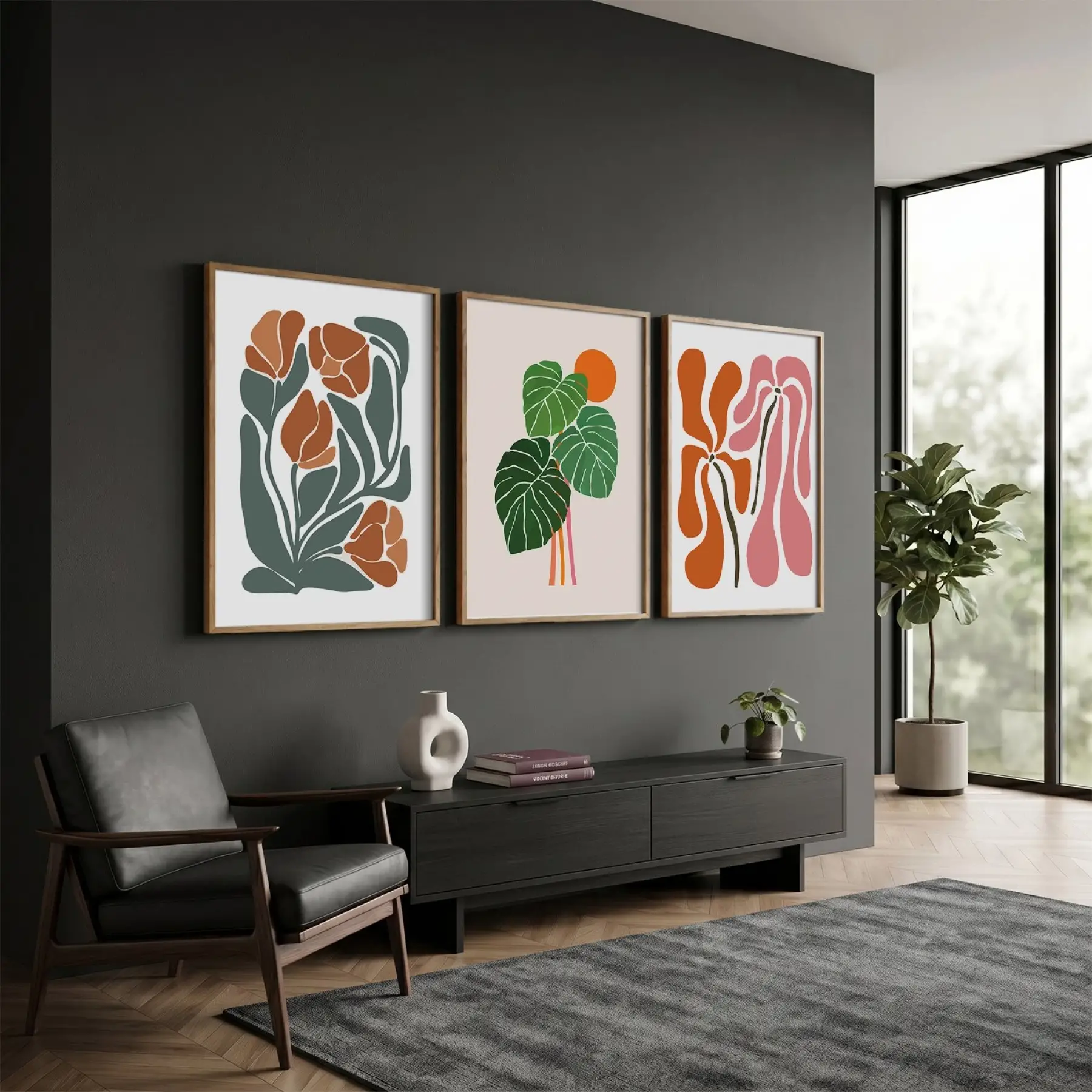 Akışkan Botanik Soyut Sanat 3lü Ahşap Çerçeveli Tablo Seti Bohem Tablo Resim Çerçevesi Tablo Salon