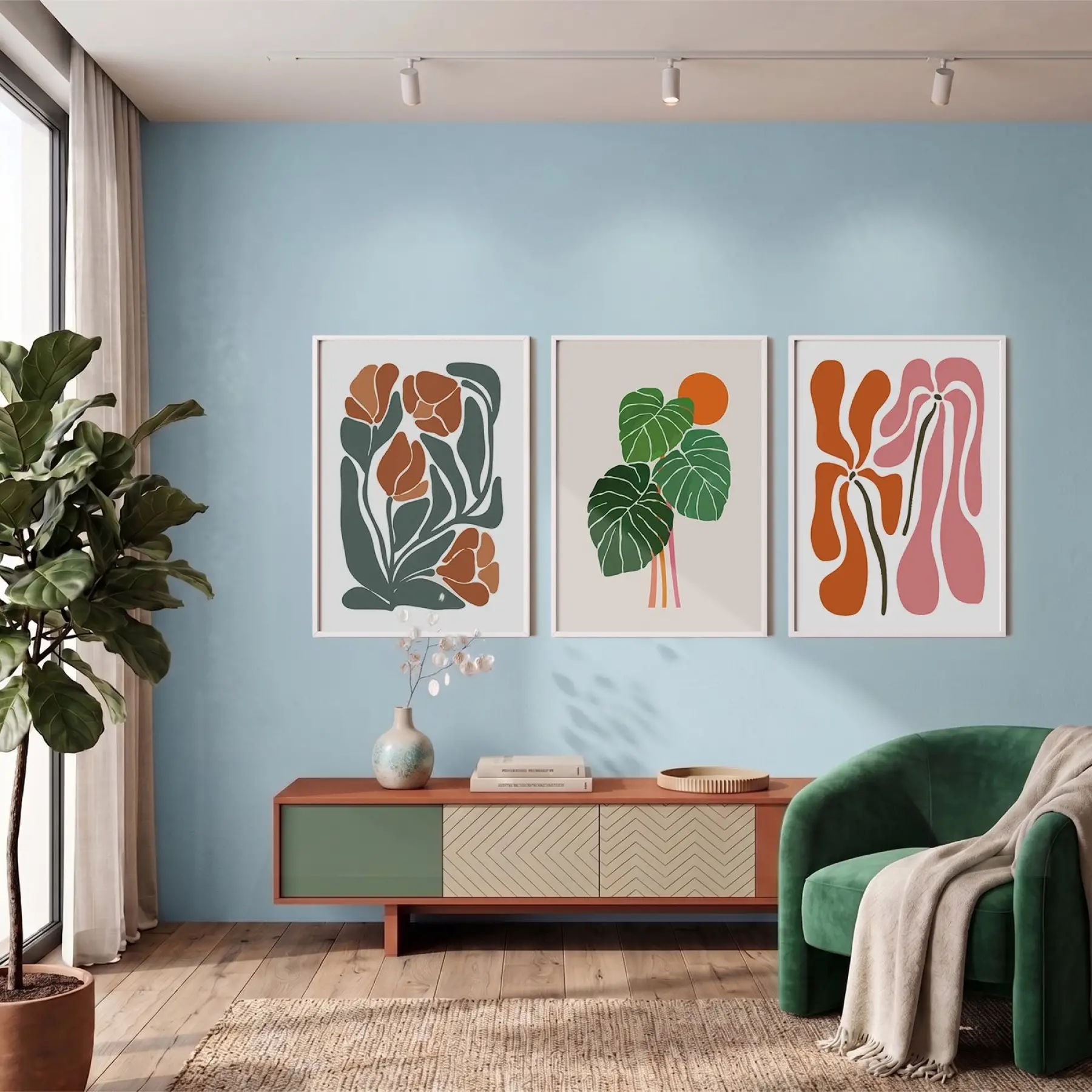 Akışkan Botanik Soyut Sanat 3lü Beyaz Çerçeveli Tablo Seti Bohem Tablo Poster Tablo Duvar Tablo Ev