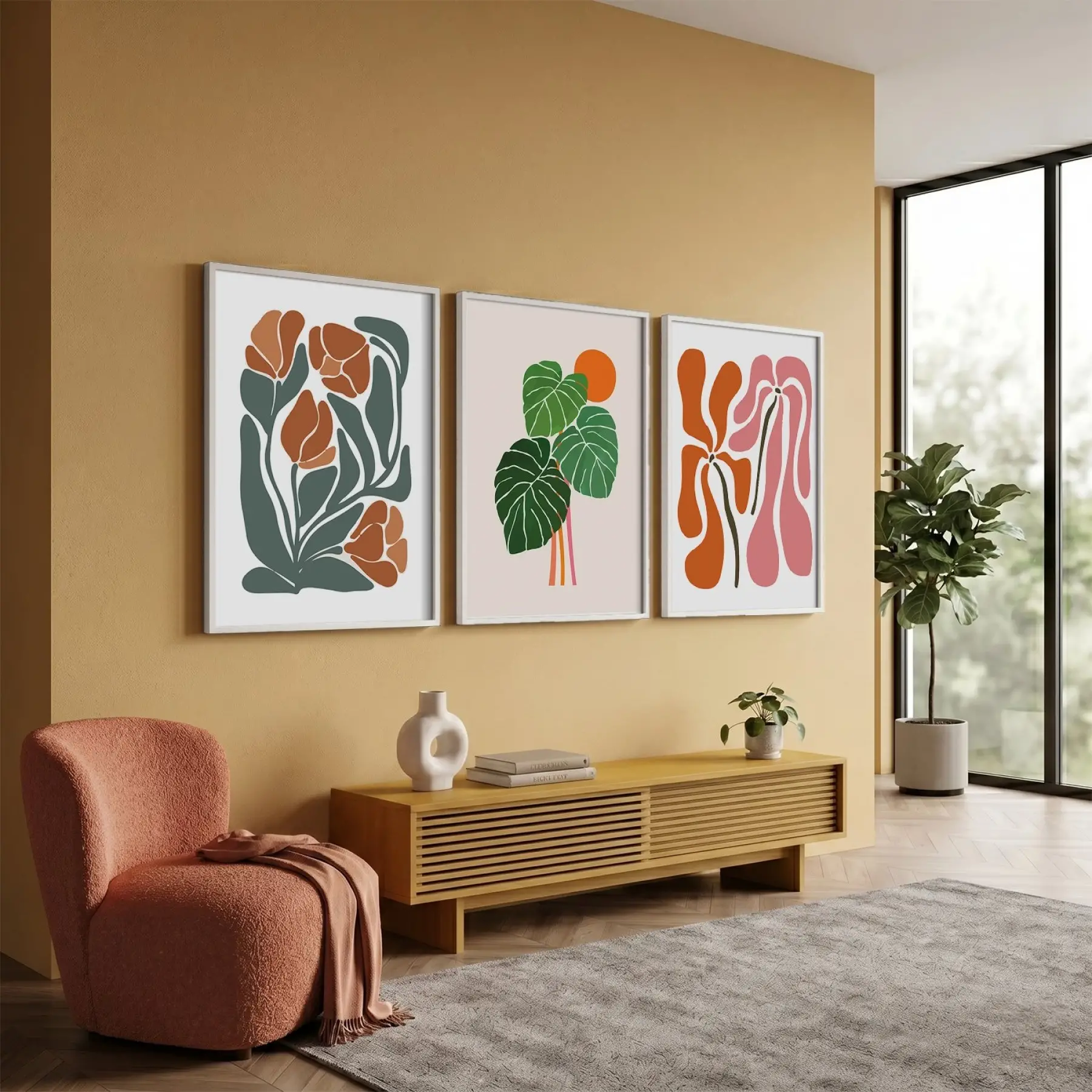Akışkan Botanik Soyut Sanat 3lü Beyaz Çerçeveli Tablo Seti Bohem Tablo Poster Tablo Duvar Tablo Ev