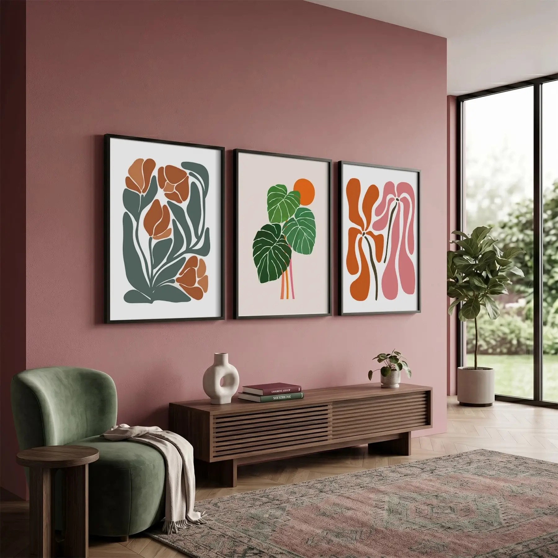 Akışkan Botanik Soyut Sanat 3lü Siyah Çerçeveli Tablo Seti Bohem Tablo Tablo Çerçeve Salon Duvar