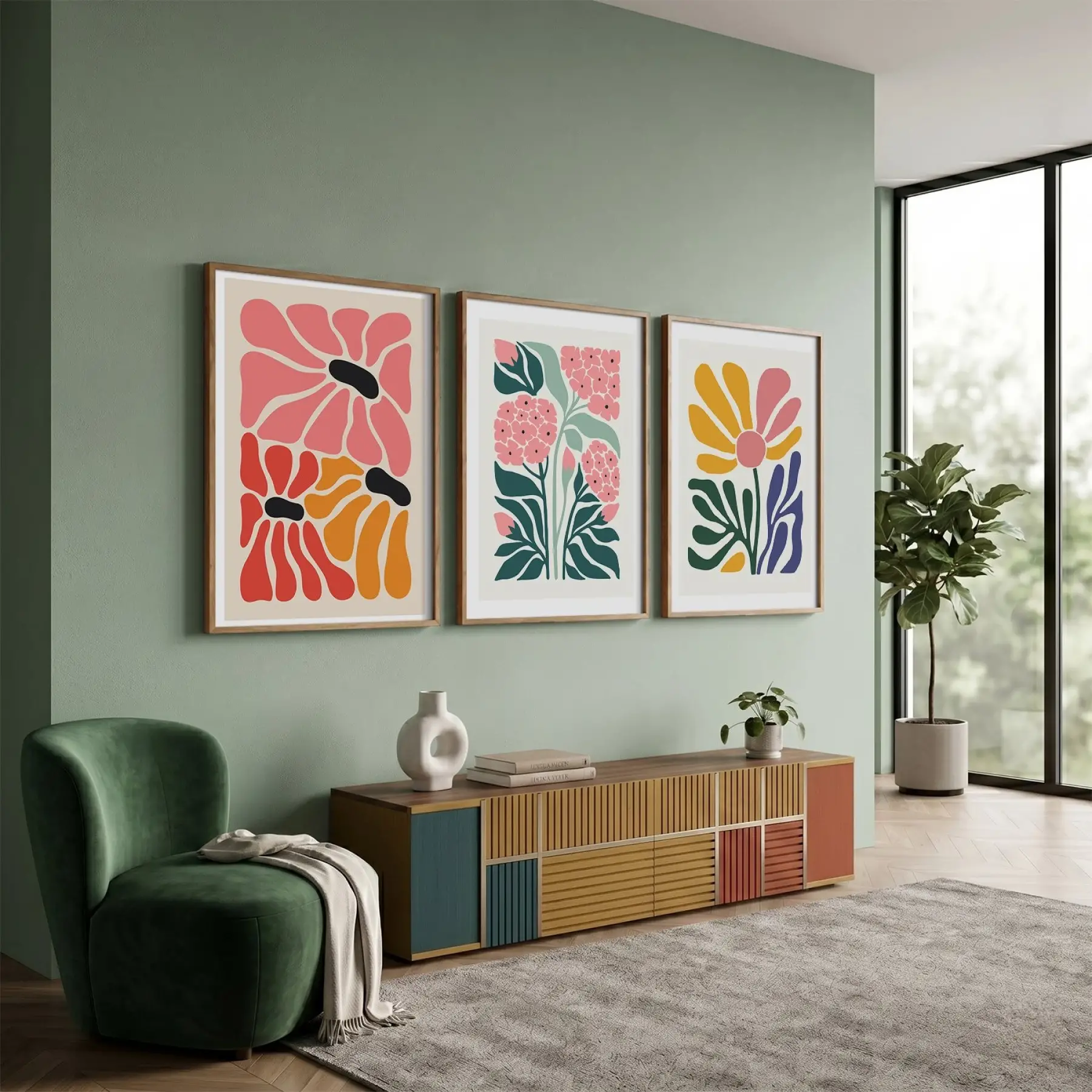 Modern Pastel Çiçek Demeti 3lü Ahşap Çerçeveli Tablo Seti Bohem Tablo Tablo Çerçeve Salon Duvar