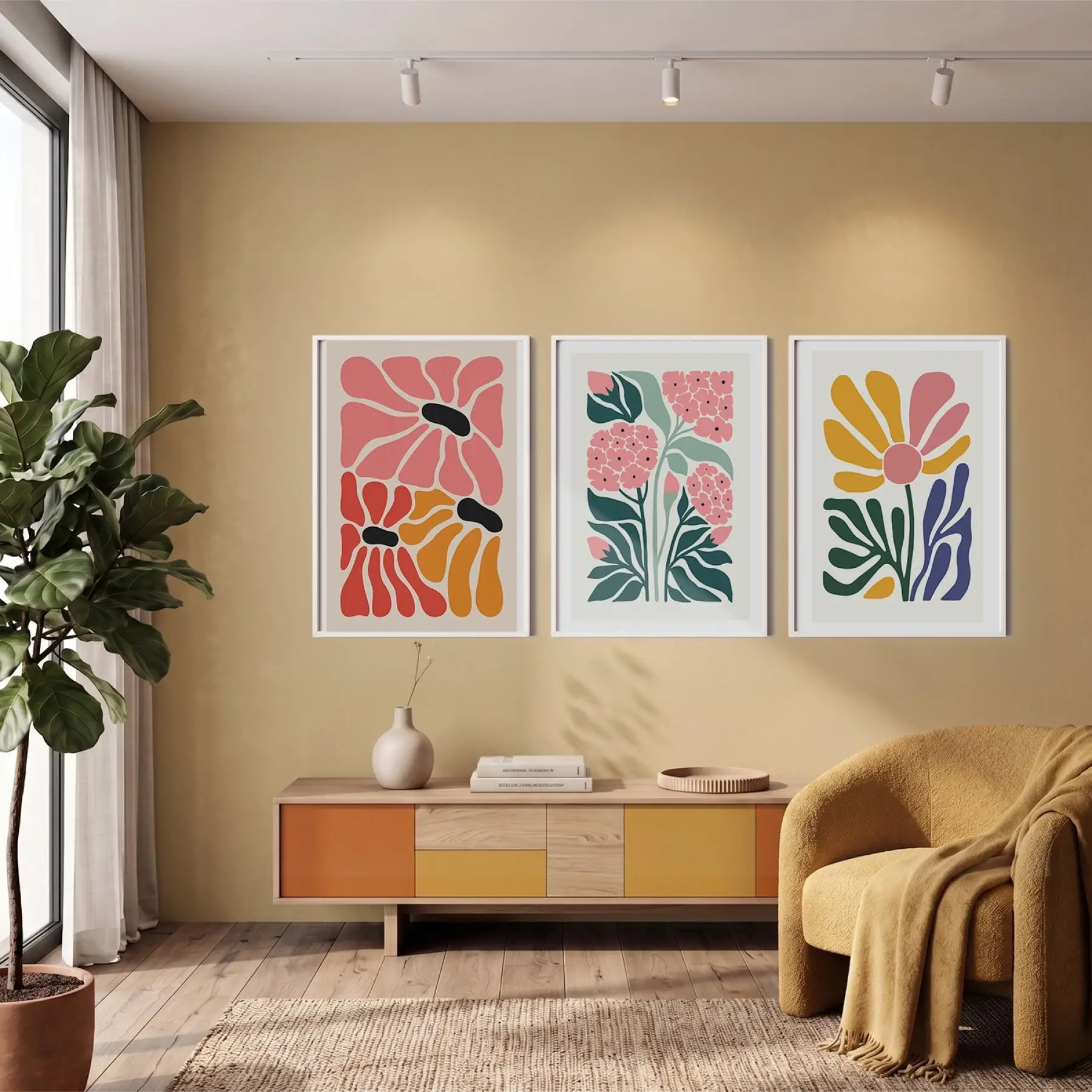 Modern Pastel Çiçek Demeti 3lü Beyaz Çerçeveli Tablo Seti Bohem Tablo Salon Duvar Tablo Poster