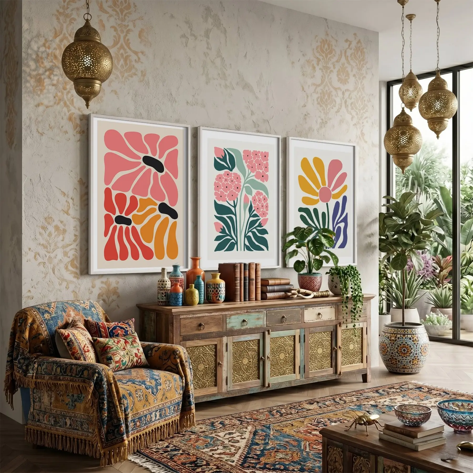 Modern Pastel Çiçek Demeti 3lü Beyaz Çerçeveli Tablo Seti Bohem Tablo Salon Duvar Tablo Poster