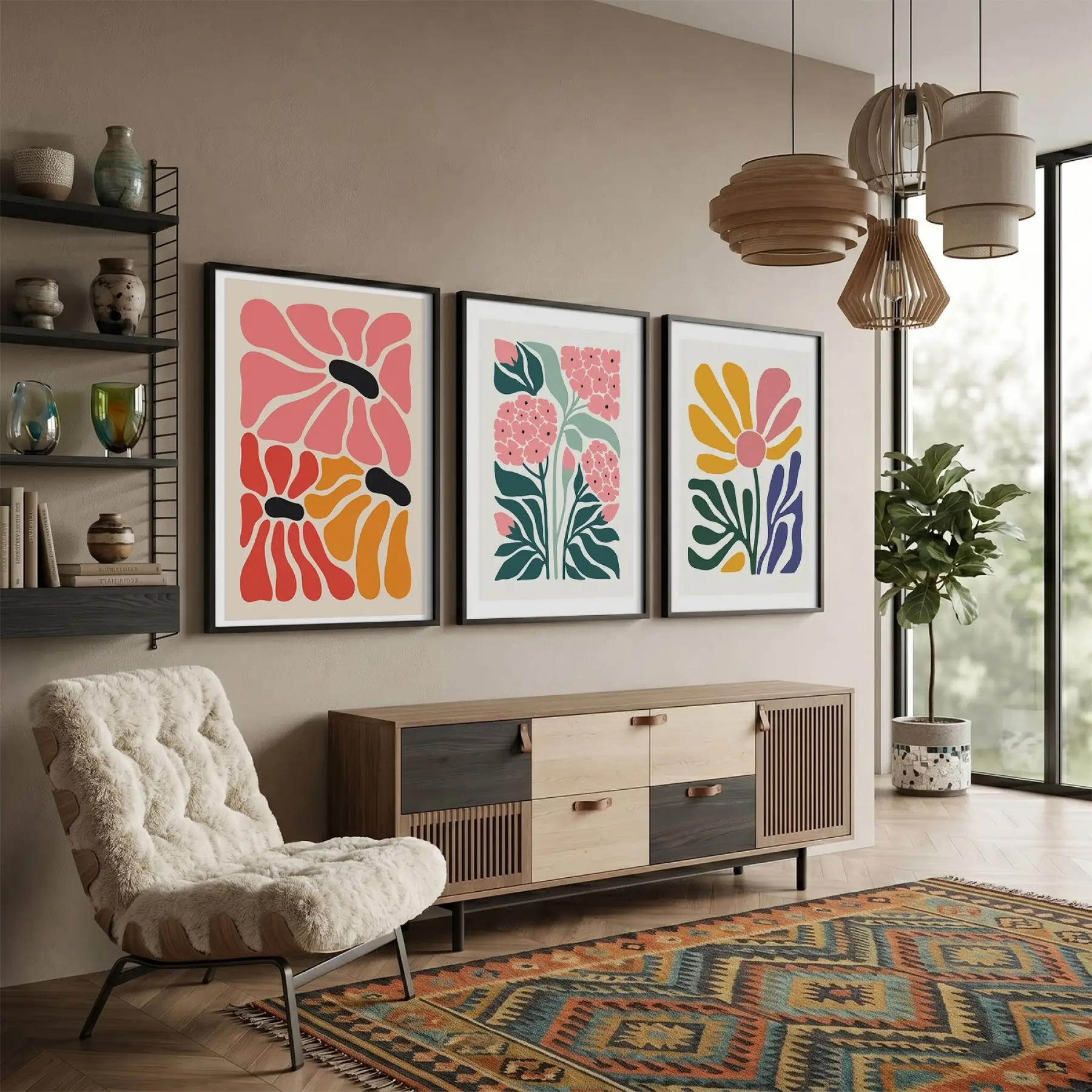 Modern Pastel Çiçek Demeti 3lü Siyah Çerçeveli Tablo Seti Bohem Tablo Duvar Tablo Oda Dekorasyonu