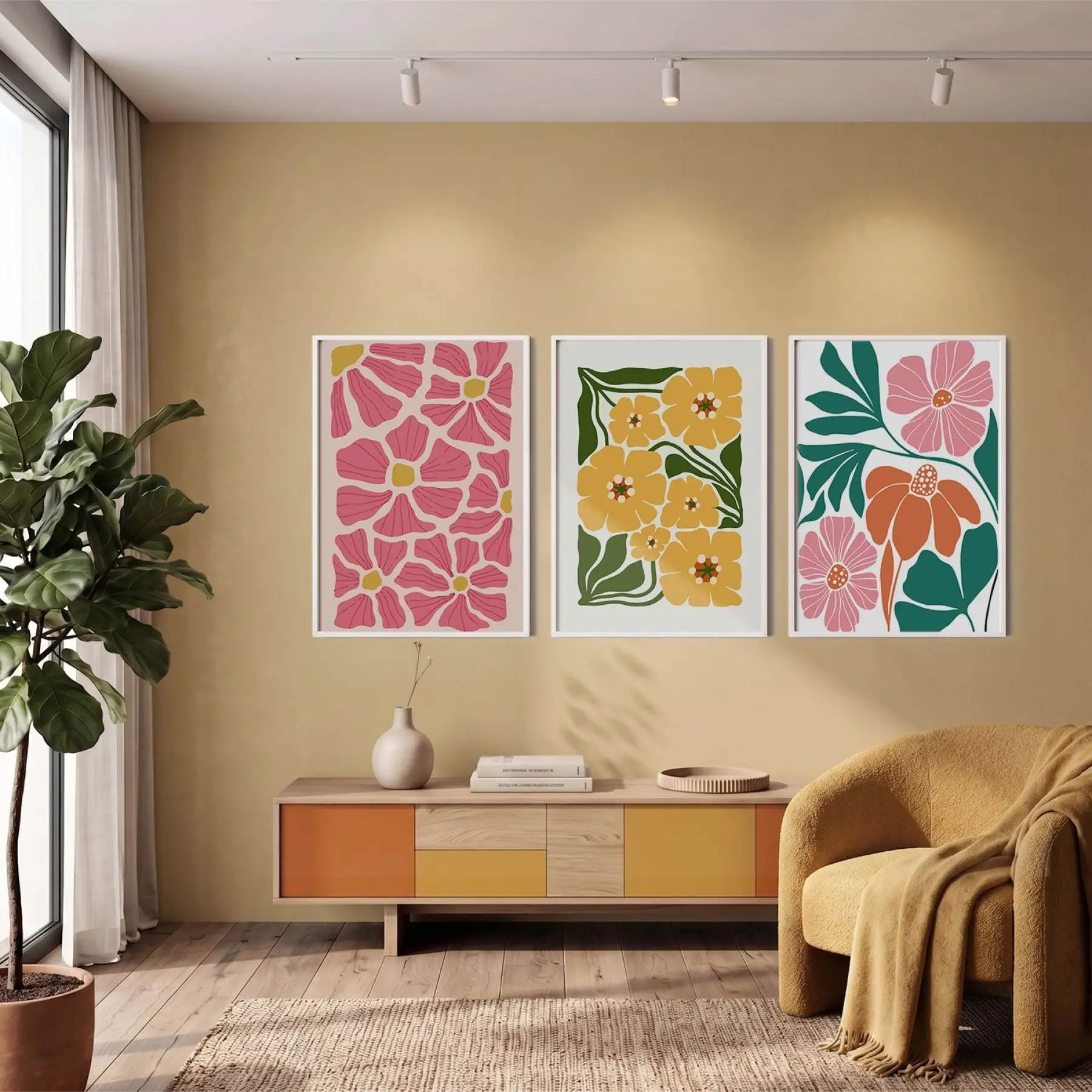 Dinamik Pop Art Çiçekleri 3lü Beyaz Çerçeveli Tablo Seti Bohem Tablo Duvar Tablo Oda Dekorasyonu