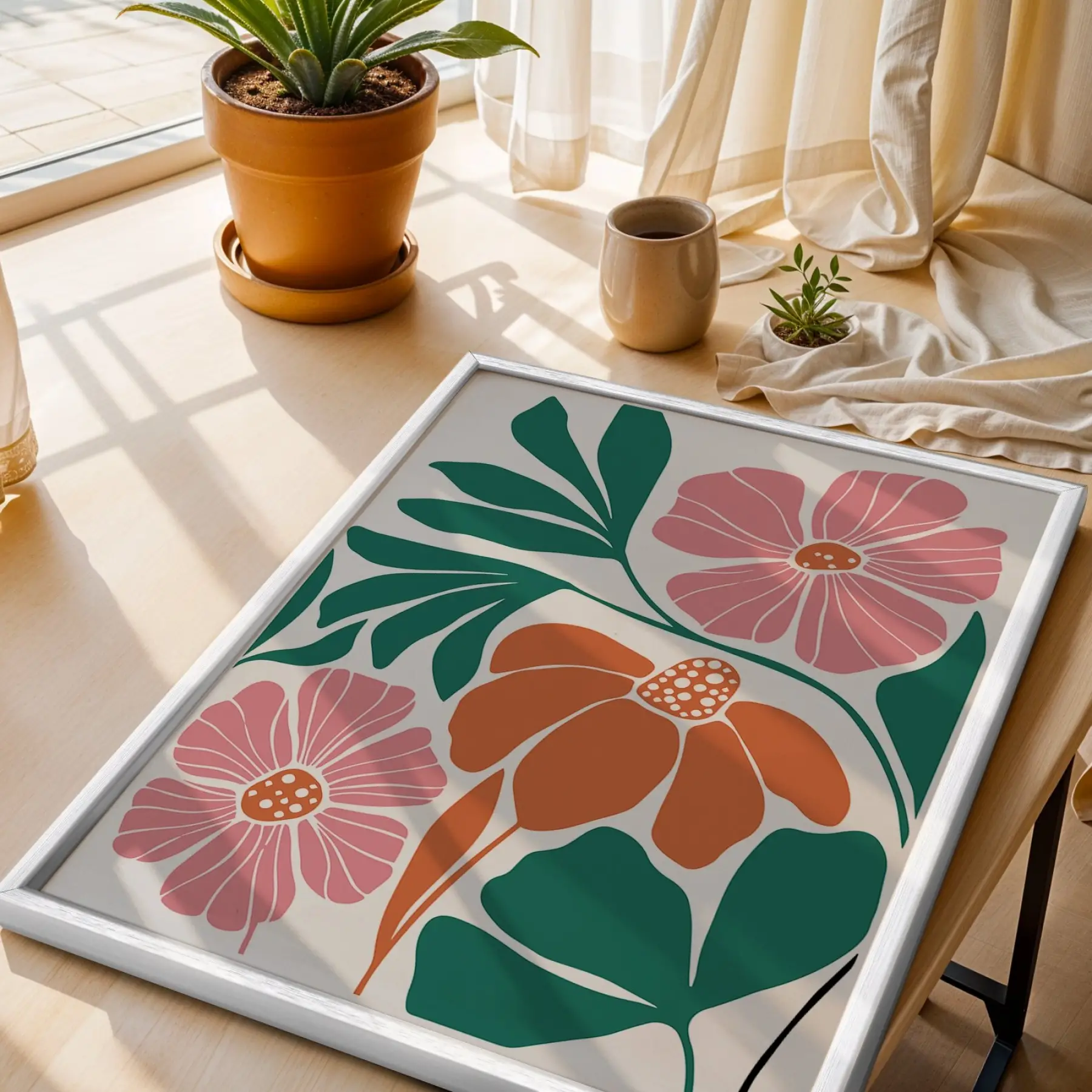 Dinamik Pop Art Çiçekleri 3lü Beyaz Çerçeveli Tablo Seti Bohem Tablo Duvar Tablo Oda Dekorasyonu