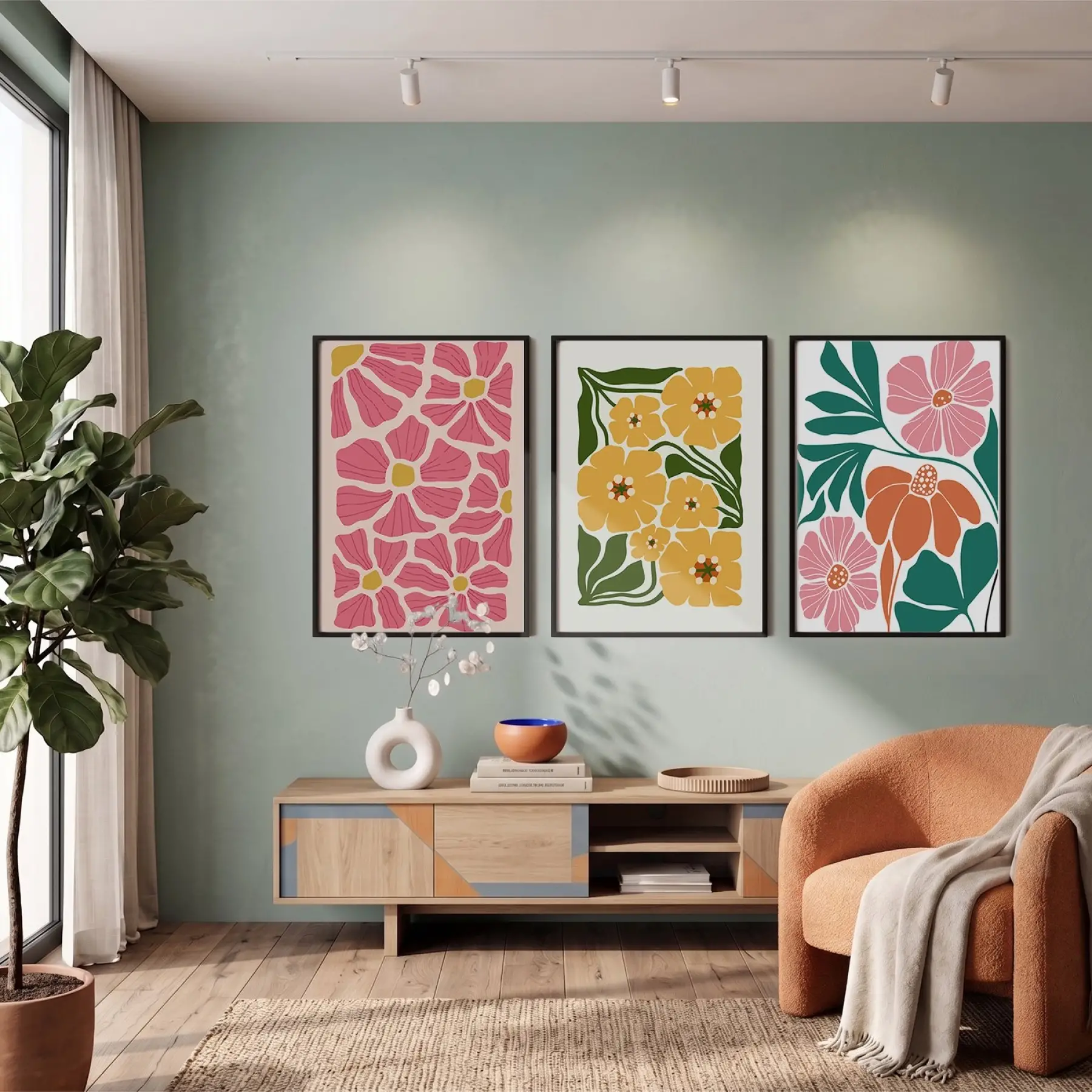 Dinamik Pop Art Çiçekleri 3lü Siyah Çerçeveli Tablo Seti Bohem Tablo Tablo Çerçeve Salon Duvar