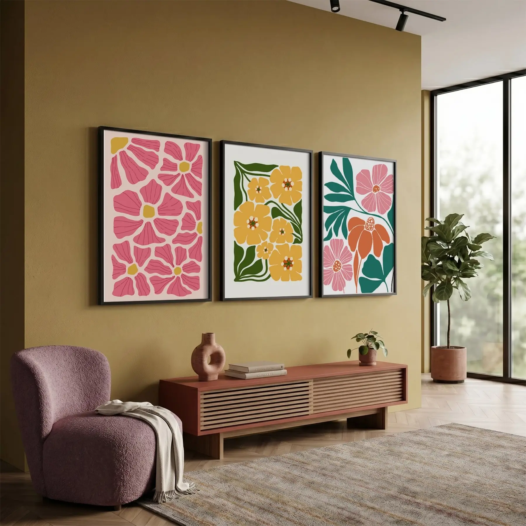Dinamik Pop Art Çiçekleri 3lü Siyah Çerçeveli Tablo Seti Bohem Tablo Tablo Çerçeve Salon Duvar