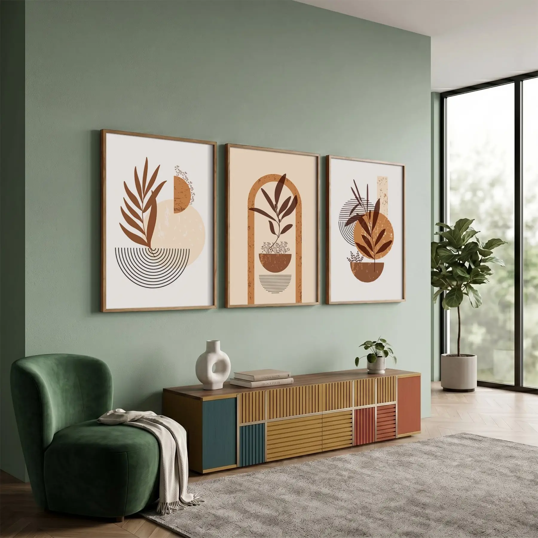 Boho Toprak Tonları Bitkisel Sanat 3lü Ahşap Çerçeveli Tablo Seti Bohem Tablo Poster Tablo Resim