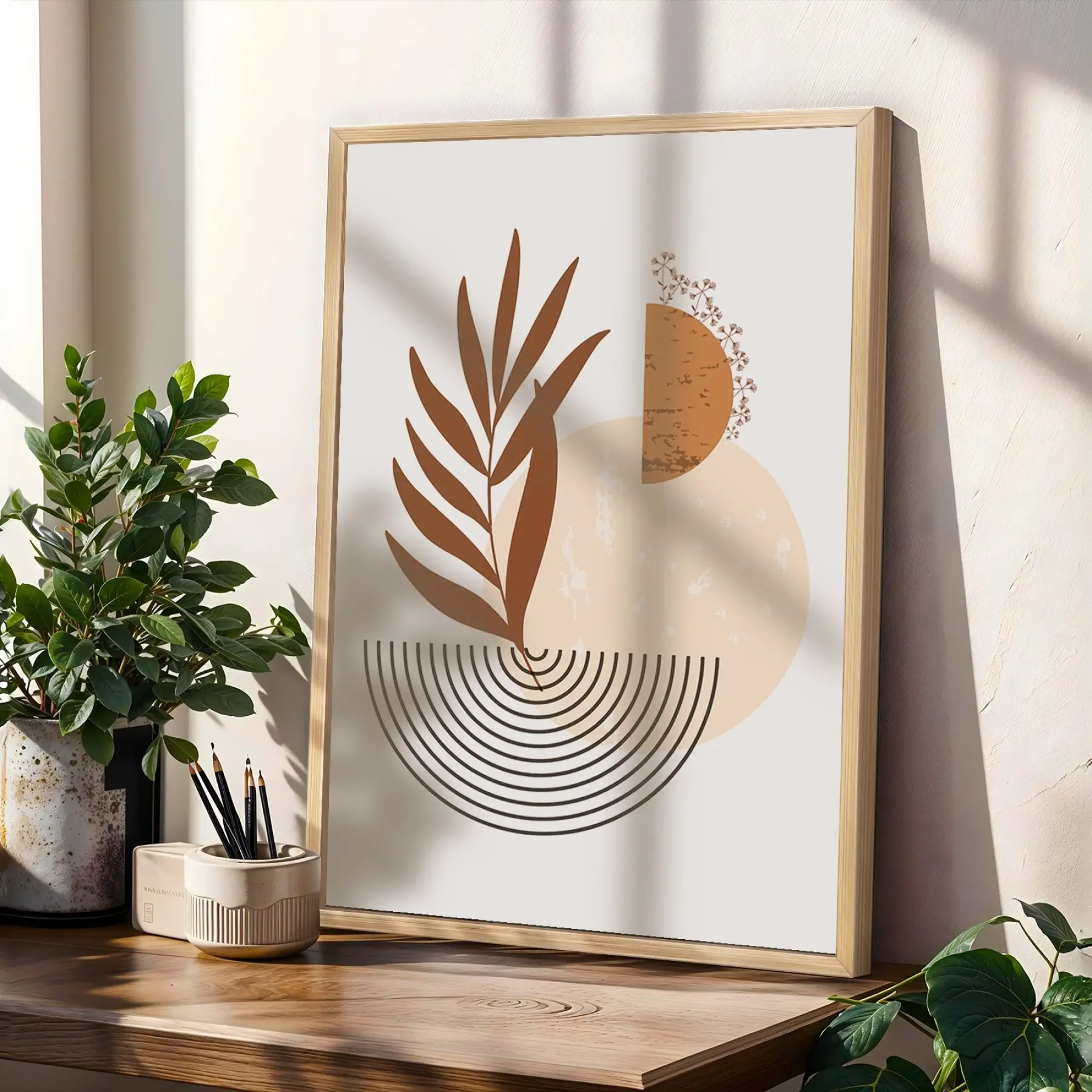 Boho Toprak Tonları Bitkisel Sanat 3lü Ahşap Çerçeveli Tablo Seti Bohem Tablo Poster Tablo Resim