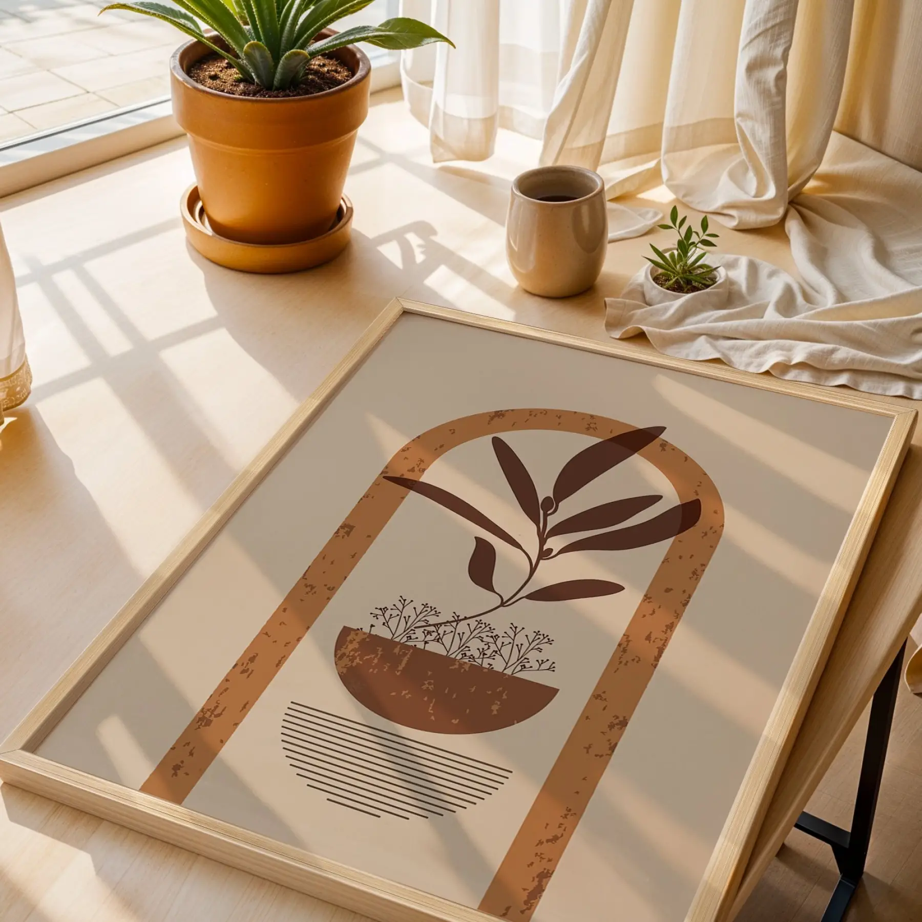 Boho Toprak Tonları Bitkisel Sanat 3lü Ahşap Çerçeveli Tablo Seti Bohem Tablo Poster Tablo Resim