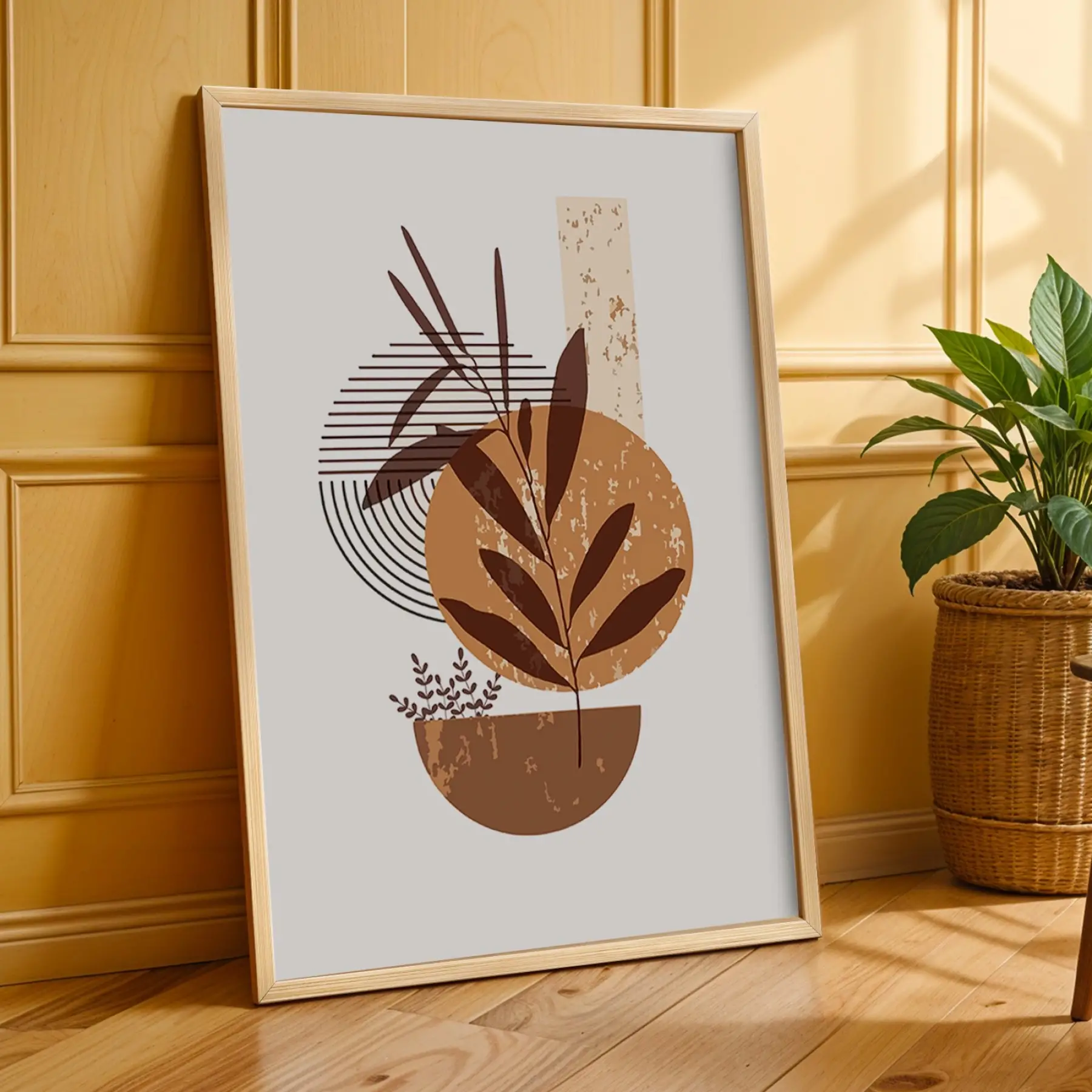 Boho Toprak Tonları Bitkisel Sanat 3lü Ahşap Çerçeveli Tablo Seti Bohem Tablo Poster Tablo Resim
