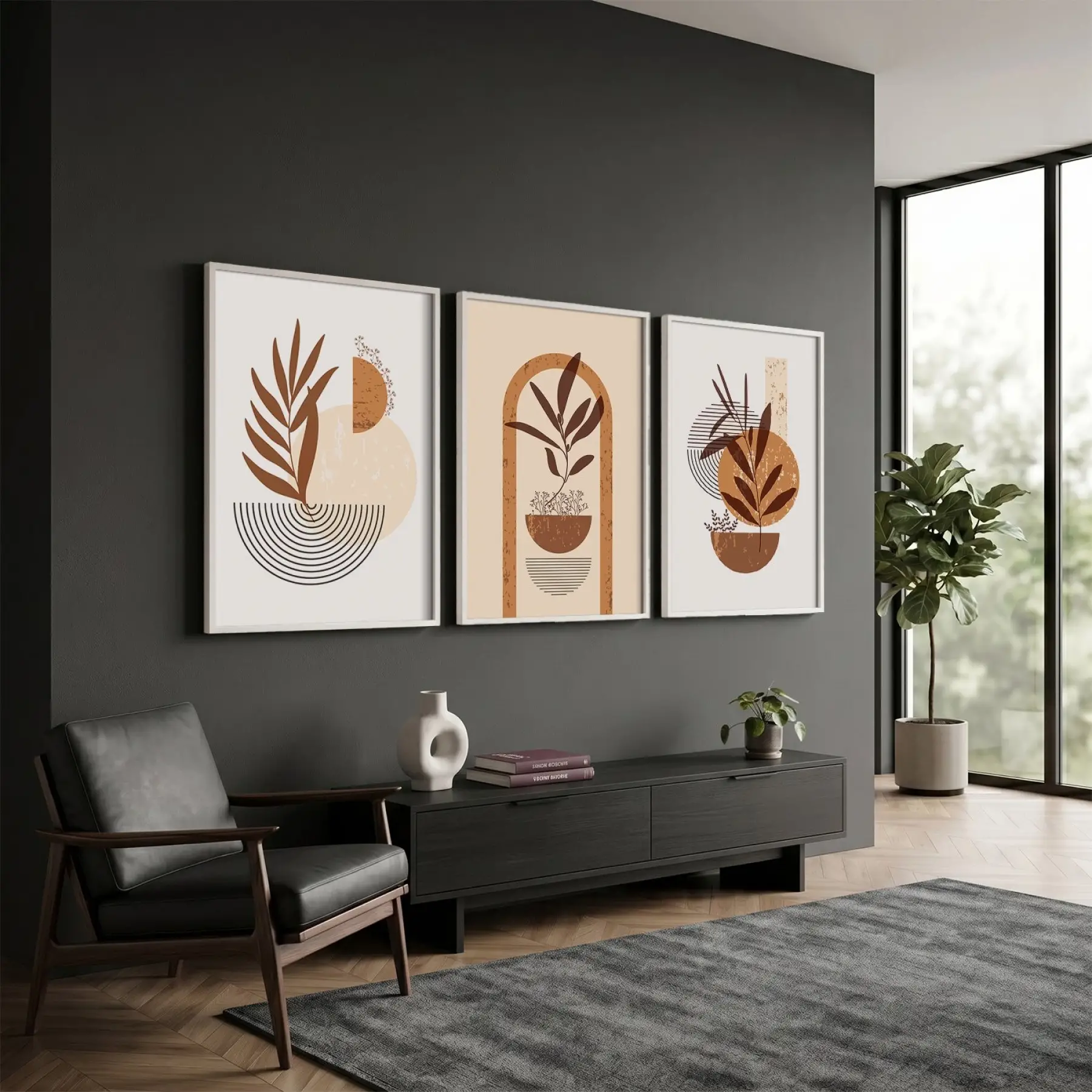 Boho Toprak Tonları Bitkisel Sanat 3lü Beyaz Çerçeveli Tablo Seti Bohem Tablo Tablo Çerçeve Duvar