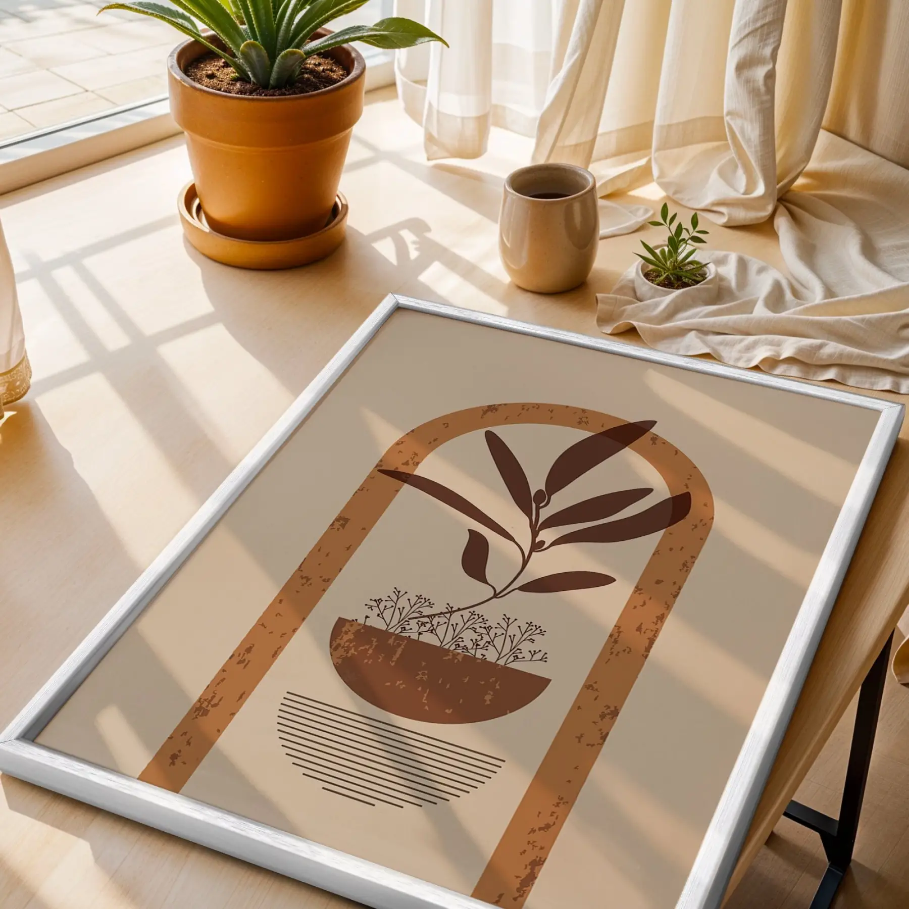 Boho Toprak Tonları Bitkisel Sanat 3lü Beyaz Çerçeveli Tablo Seti Bohem Tablo Tablo Çerçeve Duvar