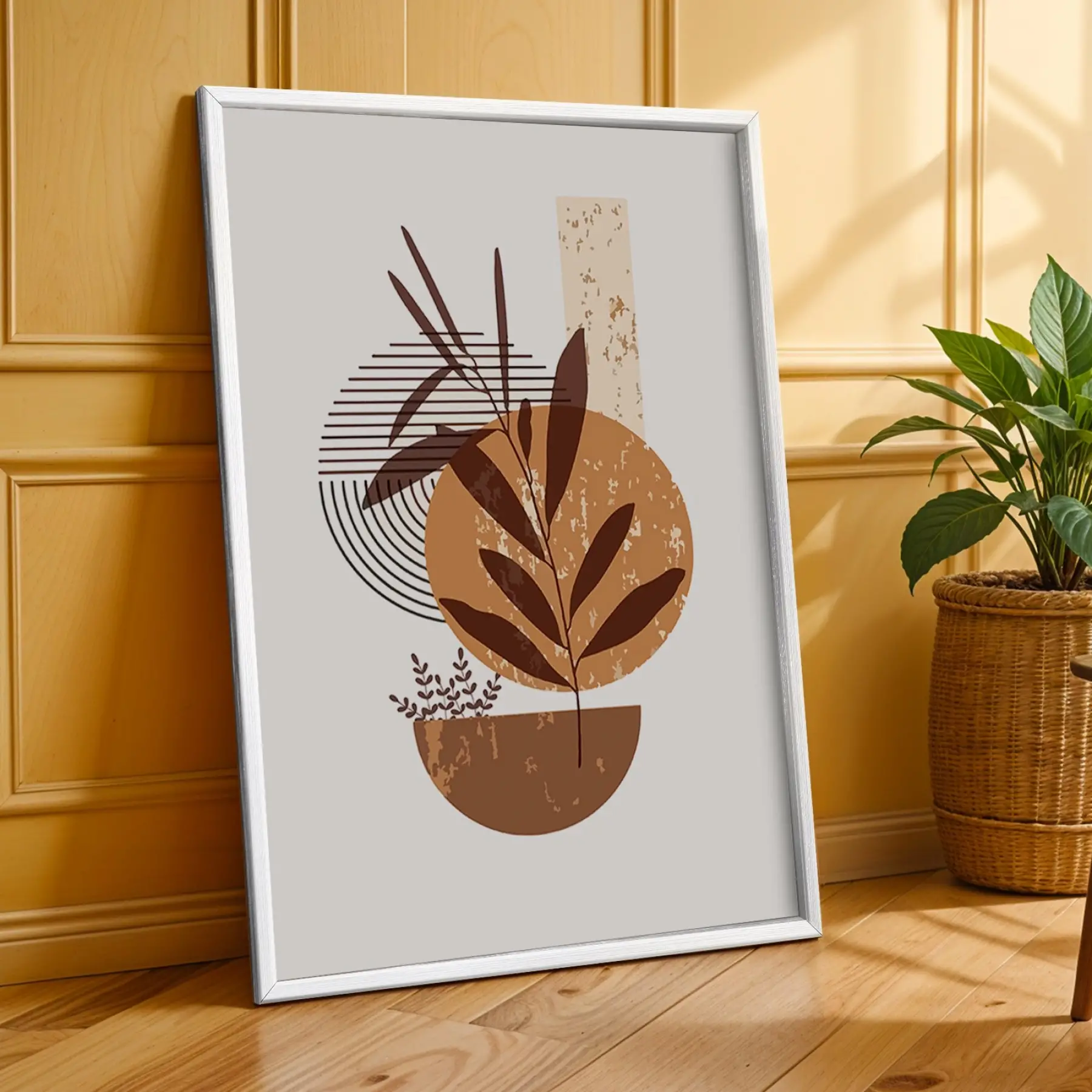 Boho Toprak Tonları Bitkisel Sanat 3lü Beyaz Çerçeveli Tablo Seti Bohem Tablo Tablo Çerçeve Duvar