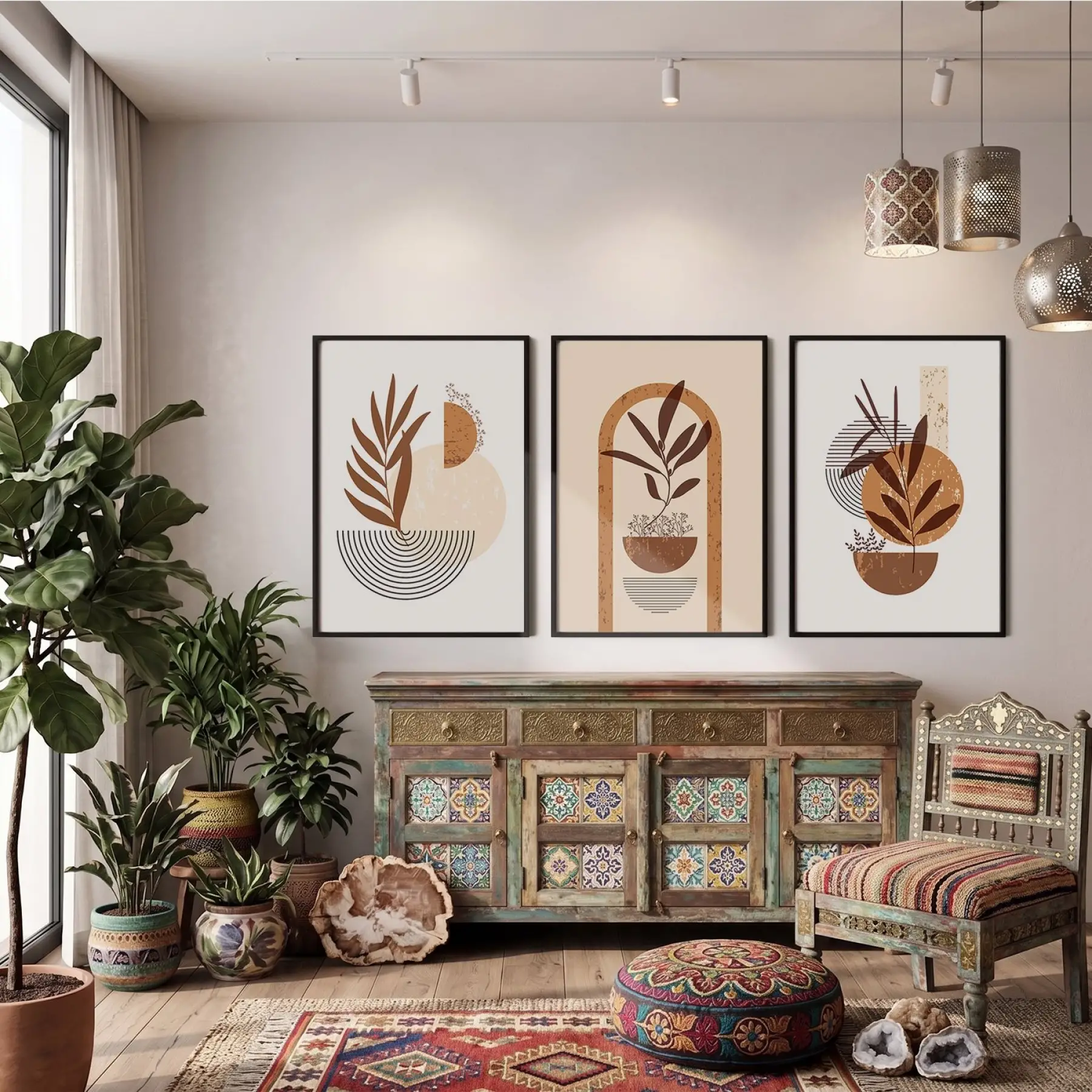 Boho Toprak Tonları Bitkisel Sanat 3lü Siyah Çerçeveli Tablo Seti Bohem Tablo Salon Duvar Tablo