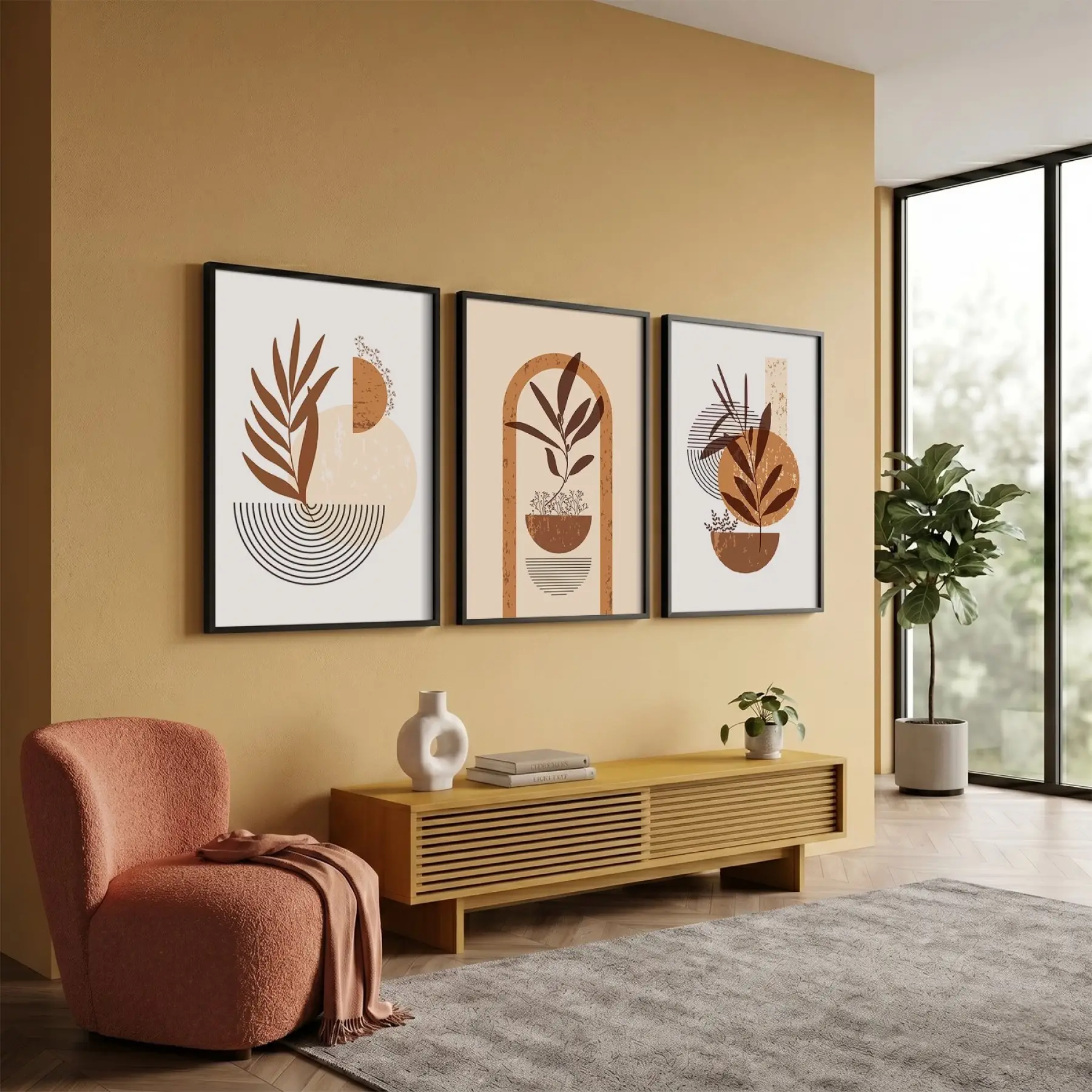Boho Toprak Tonları Bitkisel Sanat 3lü Siyah Çerçeveli Tablo Seti Bohem Tablo Salon Duvar Tablo