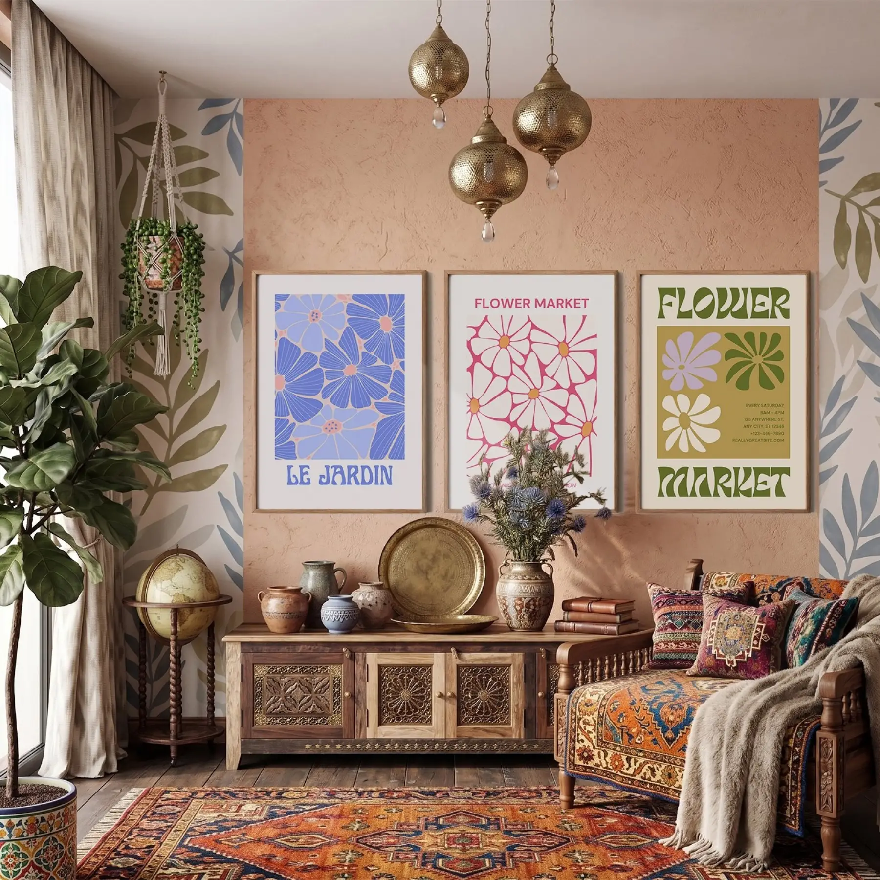 Retro Çiçek Pazarı Koleksiyonu 3lü Ahşap Çerçeveli Tablo Seti Bohem Tablo Poster Tablo Resim