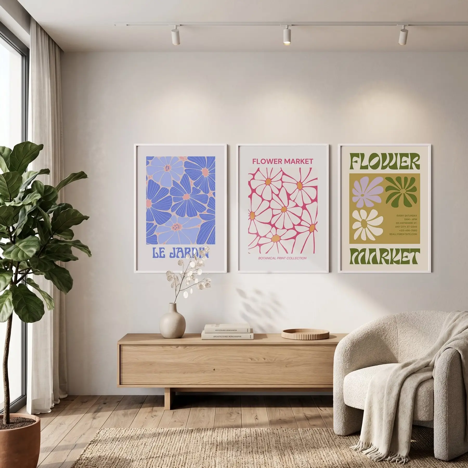 Retro Çiçek Pazarı Koleksiyonu 3lü Beyaz Çerçeveli Tablo Seti Bohem Tablo Salon Duvar Tablo Poster