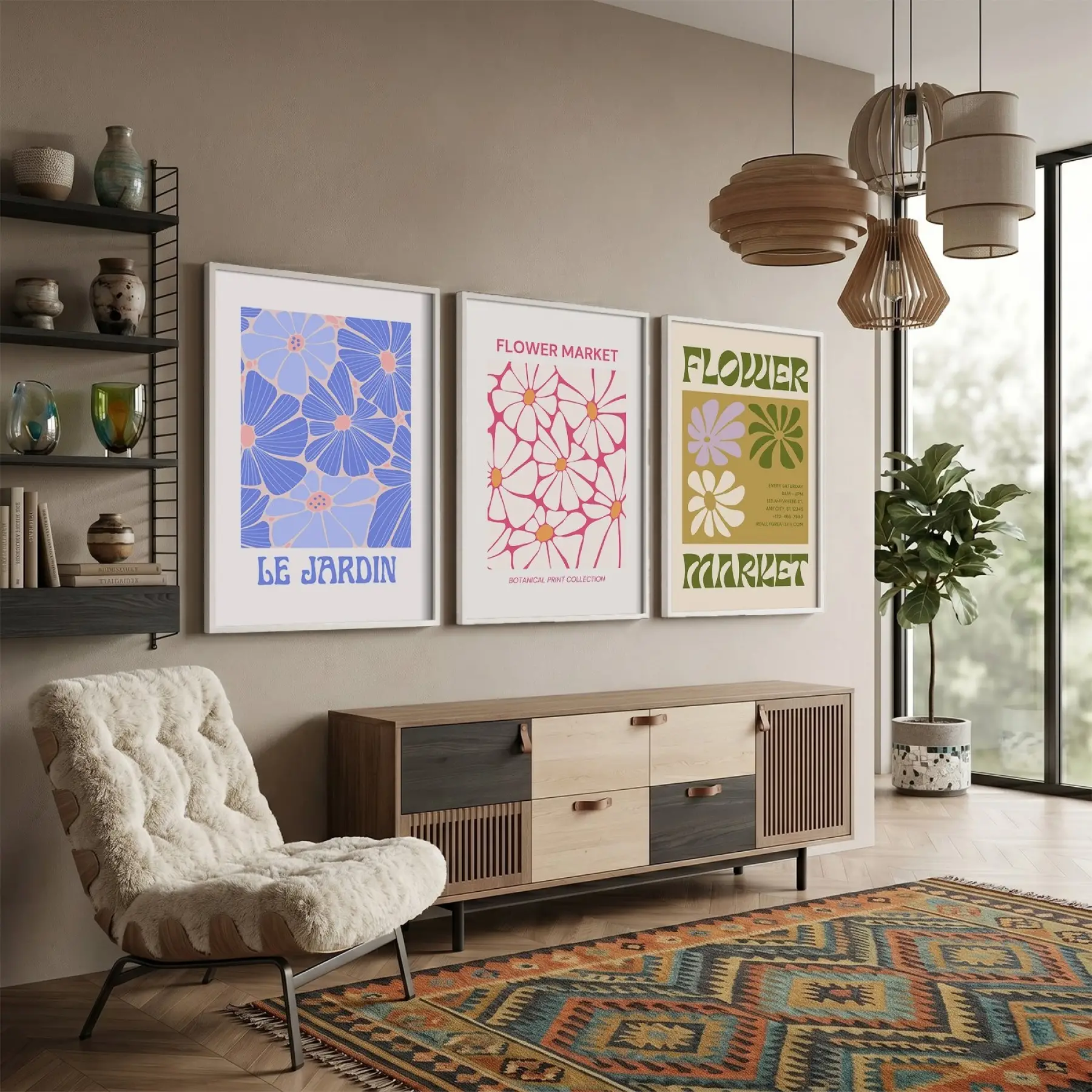 Retro Çiçek Pazarı Koleksiyonu 3lü Beyaz Çerçeveli Tablo Seti Bohem Tablo Salon Duvar Tablo Poster