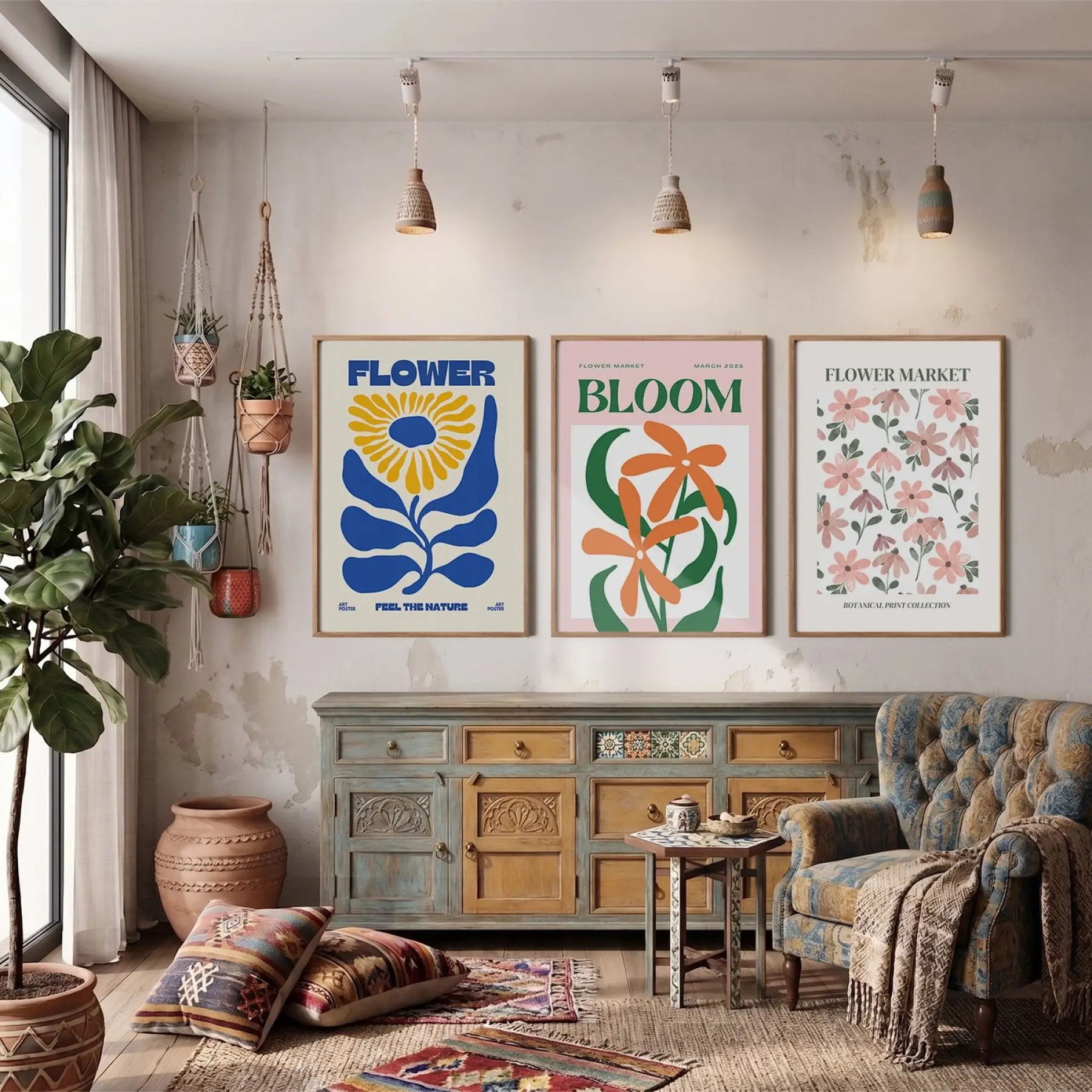 Modern Botanik Poster Üçlüsü 3lü Ahşap Çerçeveli Tablo Seti Bohem Tablo Salon Duvar Tablo Poster