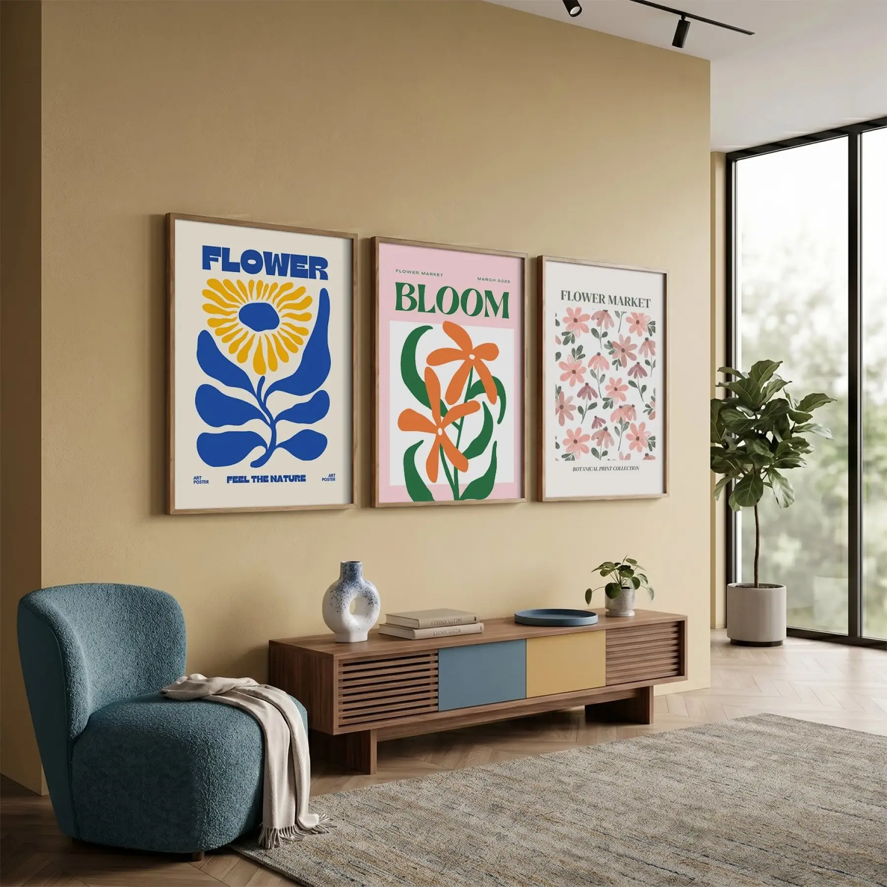 Modern Botanik Poster Üçlüsü 3lü Ahşap Çerçeveli Tablo Seti Bohem Tablo Salon Duvar Tablo Poster