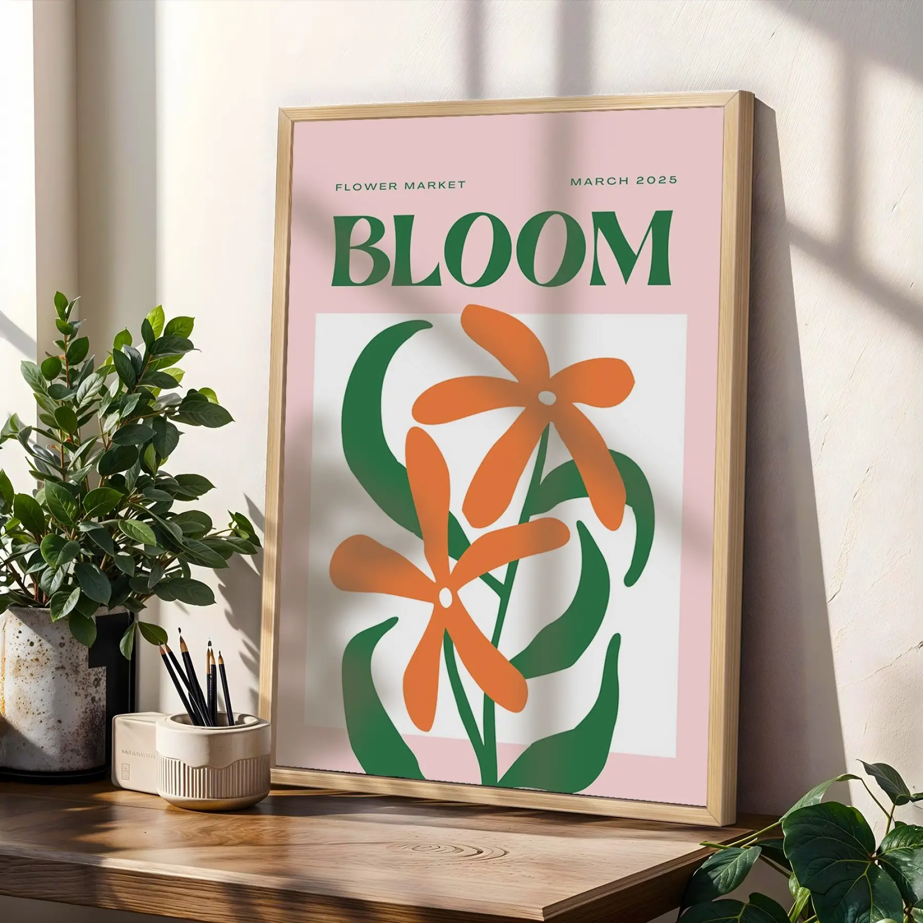Modern Botanik Poster Üçlüsü 3lü Ahşap Çerçeveli Tablo Seti Bohem Tablo Salon Duvar Tablo Poster