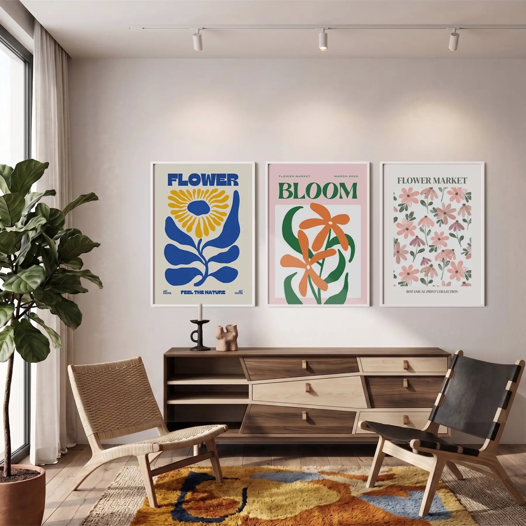 Modern Botanik Poster Üçlüsü 3lü Beyaz Çerçeveli Tablo Seti Bohem Tablo Tablo Çerçeve Duvar Dekoru
