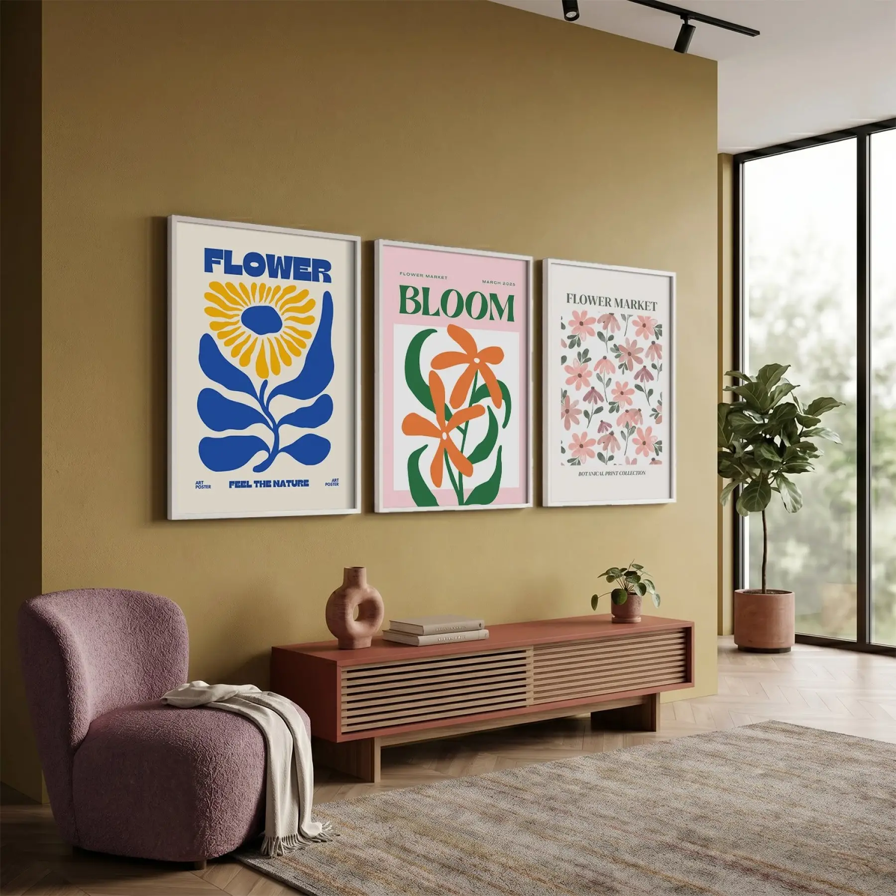 Modern Botanik Poster Üçlüsü 3lü Beyaz Çerçeveli Tablo Seti Bohem Tablo Tablo Çerçeve Duvar Dekoru