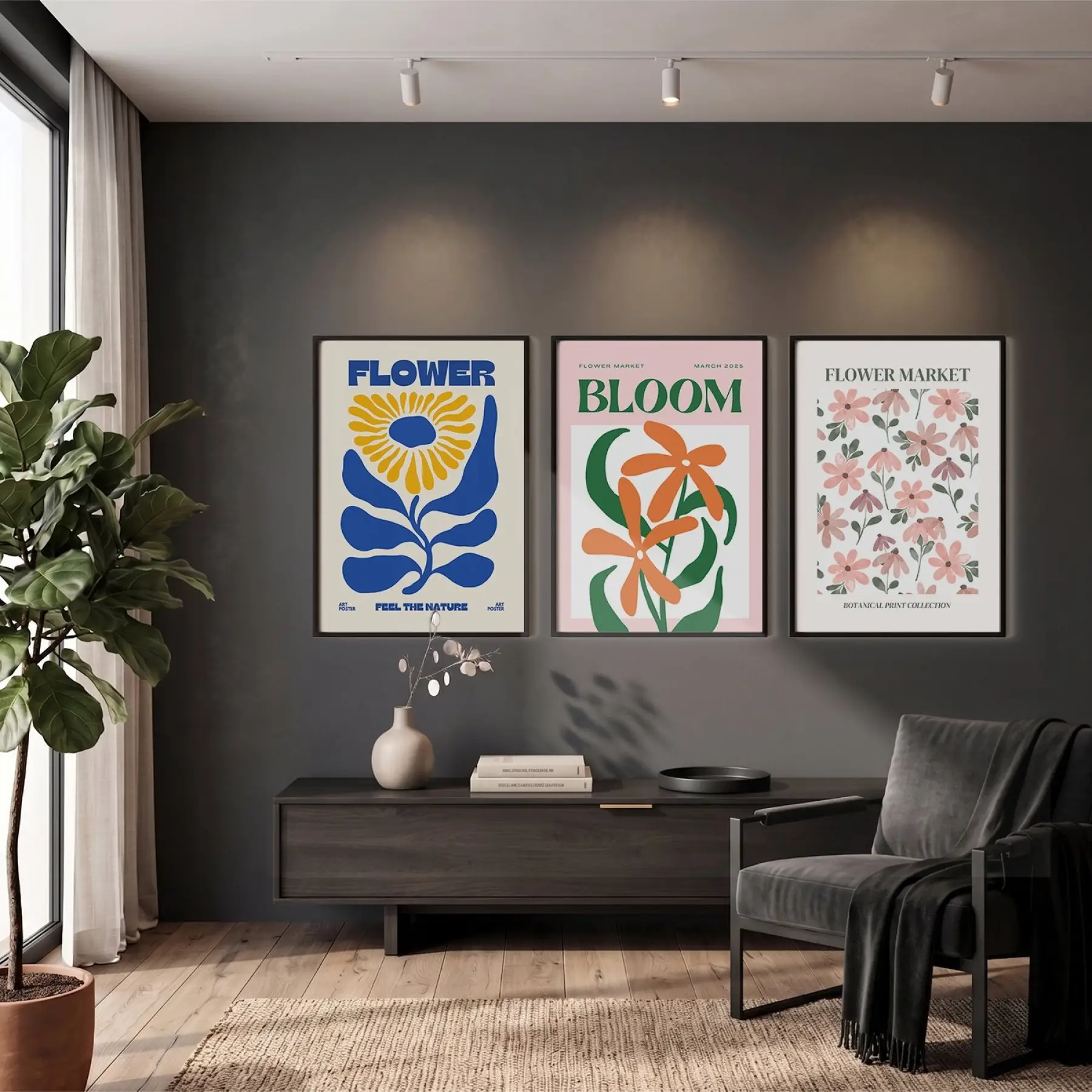Modern Botanik Poster Üçlüsü 3lü Siyah Çerçeveli Tablo Seti Bohem Tablo Duvar Tablo Oda Dekorasyonu