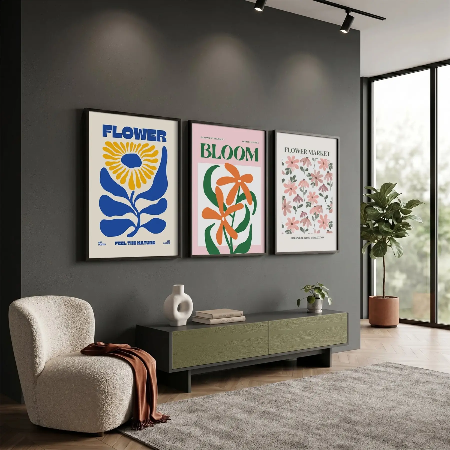 Modern Botanik Poster Üçlüsü 3lü Siyah Çerçeveli Tablo Seti Bohem Tablo Duvar Tablo Oda Dekorasyonu
