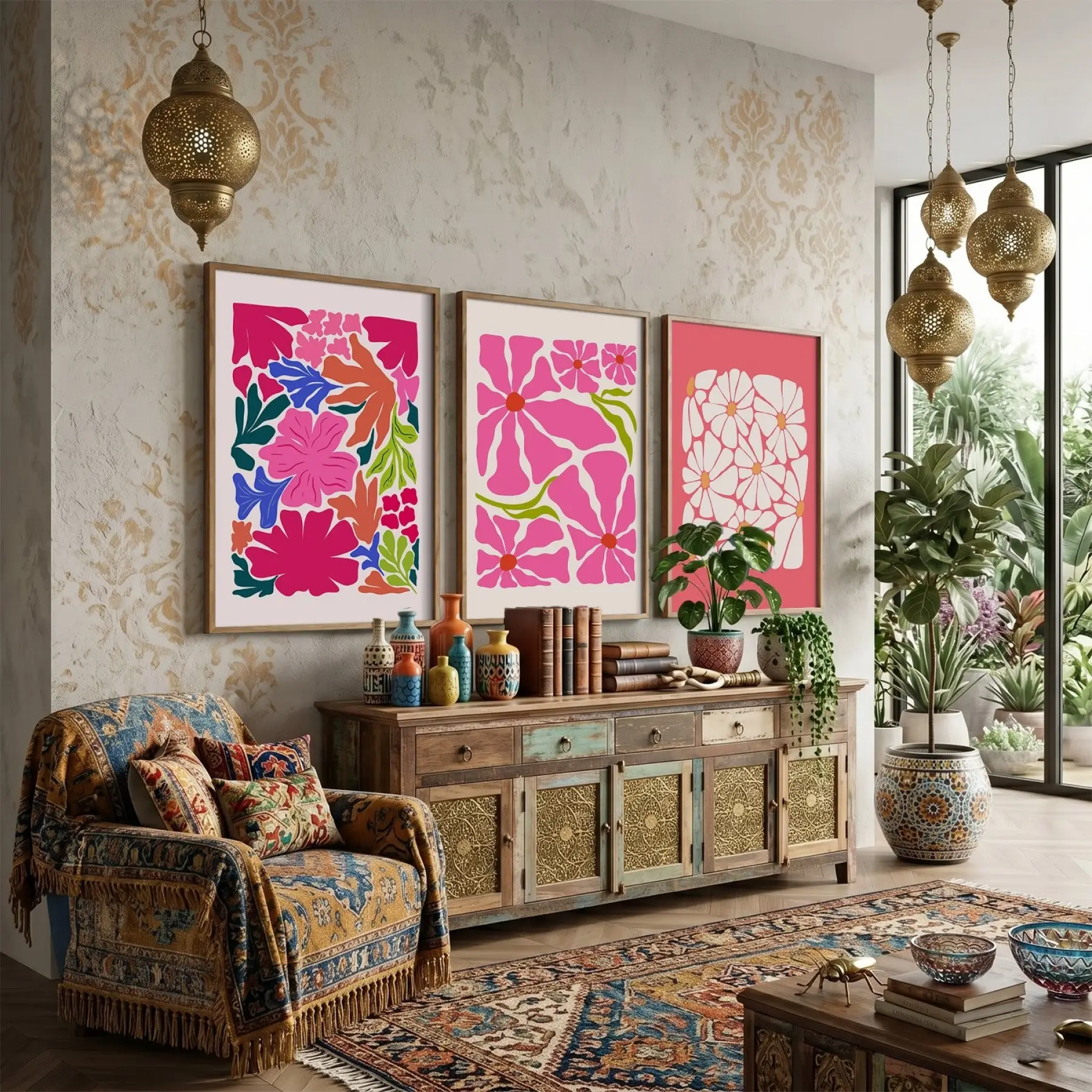 Canlı Pembe Floral Kompozisyon 3lü Ahşap Çerçeveli Tablo Seti Bohem Tablo Poster Tablo Duvar Tablo