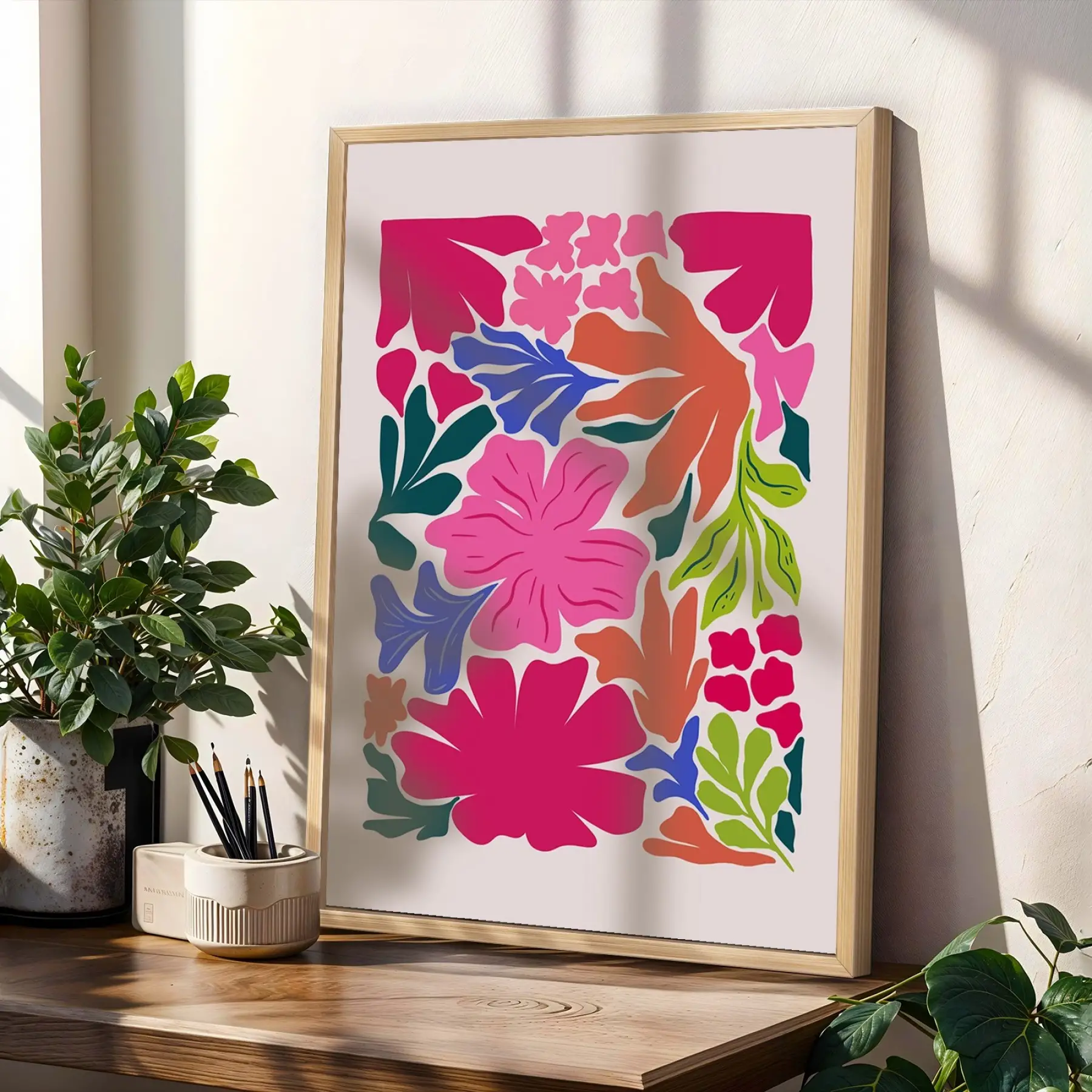 Canlı Pembe Floral Kompozisyon 3lü Ahşap Çerçeveli Tablo Seti Bohem Tablo Poster Tablo Duvar Tablo