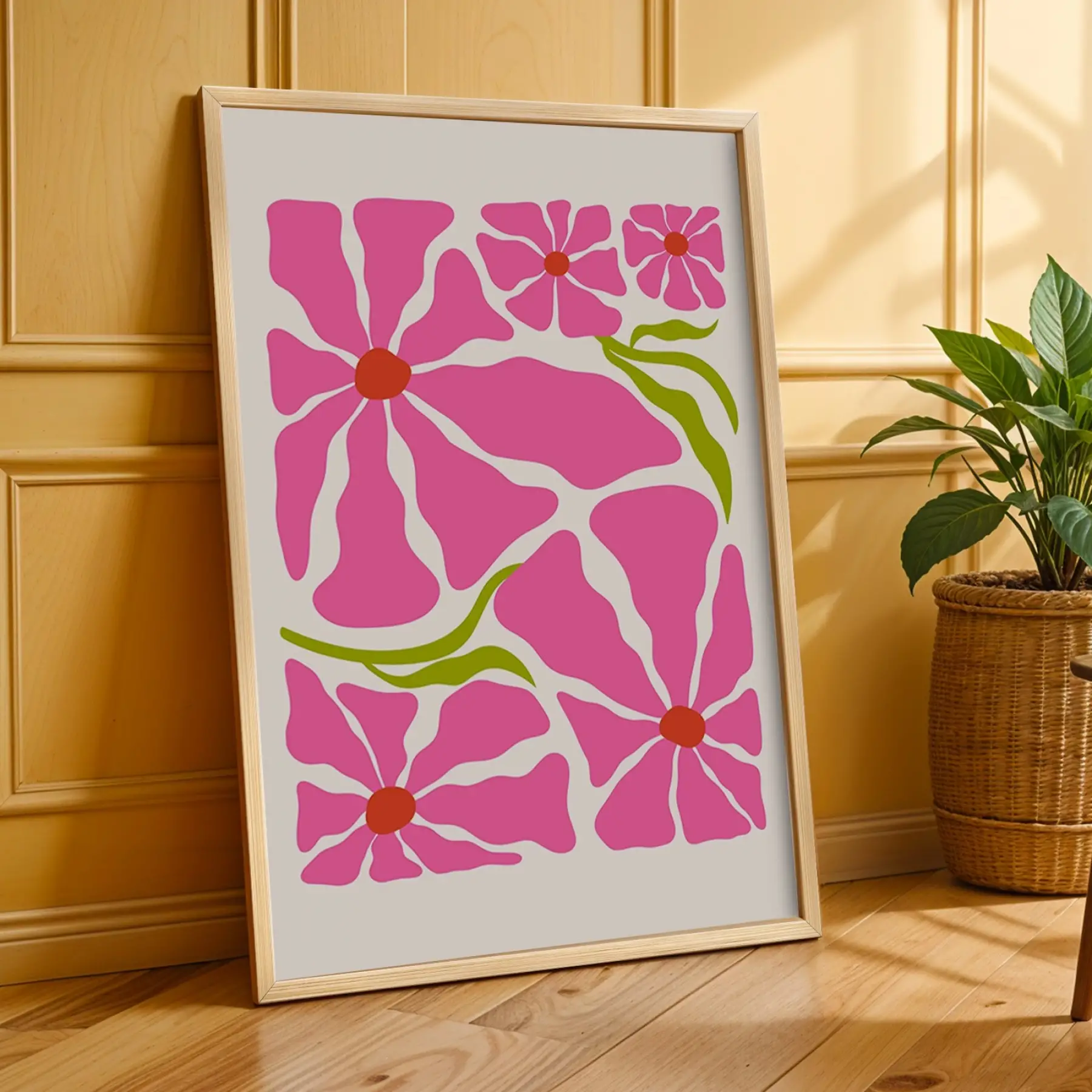 Canlı Pembe Floral Kompozisyon 3lü Ahşap Çerçeveli Tablo Seti Bohem Tablo Poster Tablo Duvar Tablo