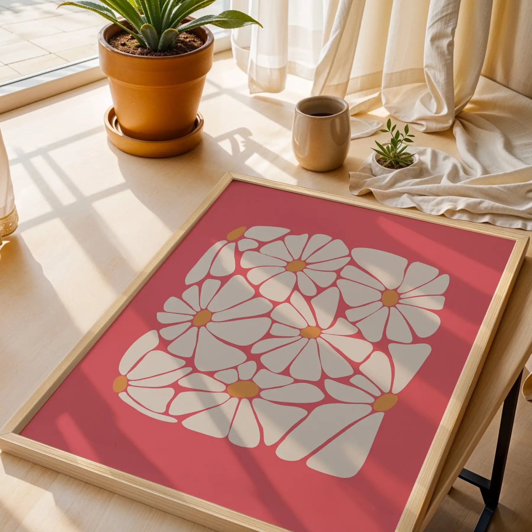 Canlı Pembe Floral Kompozisyon 3lü Ahşap Çerçeveli Tablo Seti Bohem Tablo Poster Tablo Duvar Tablo