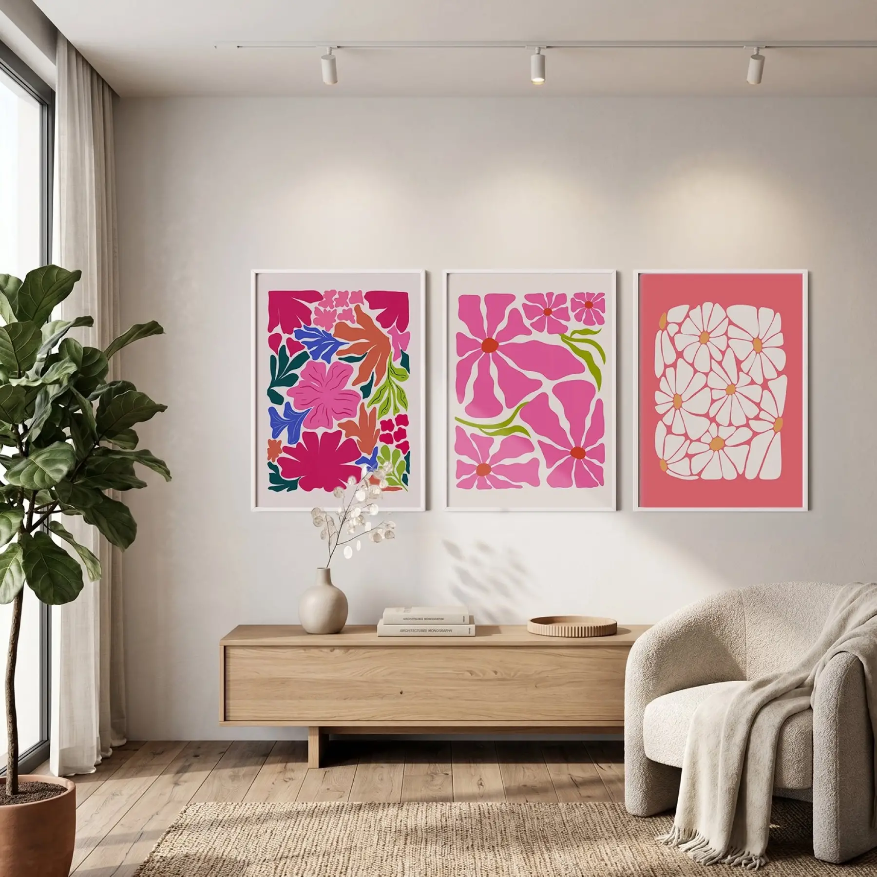 Canlı Pembe Floral Kompozisyon 3lü Beyaz Çerçeveli Tablo Seti Bohem Tablo Duvar Tablo Oda