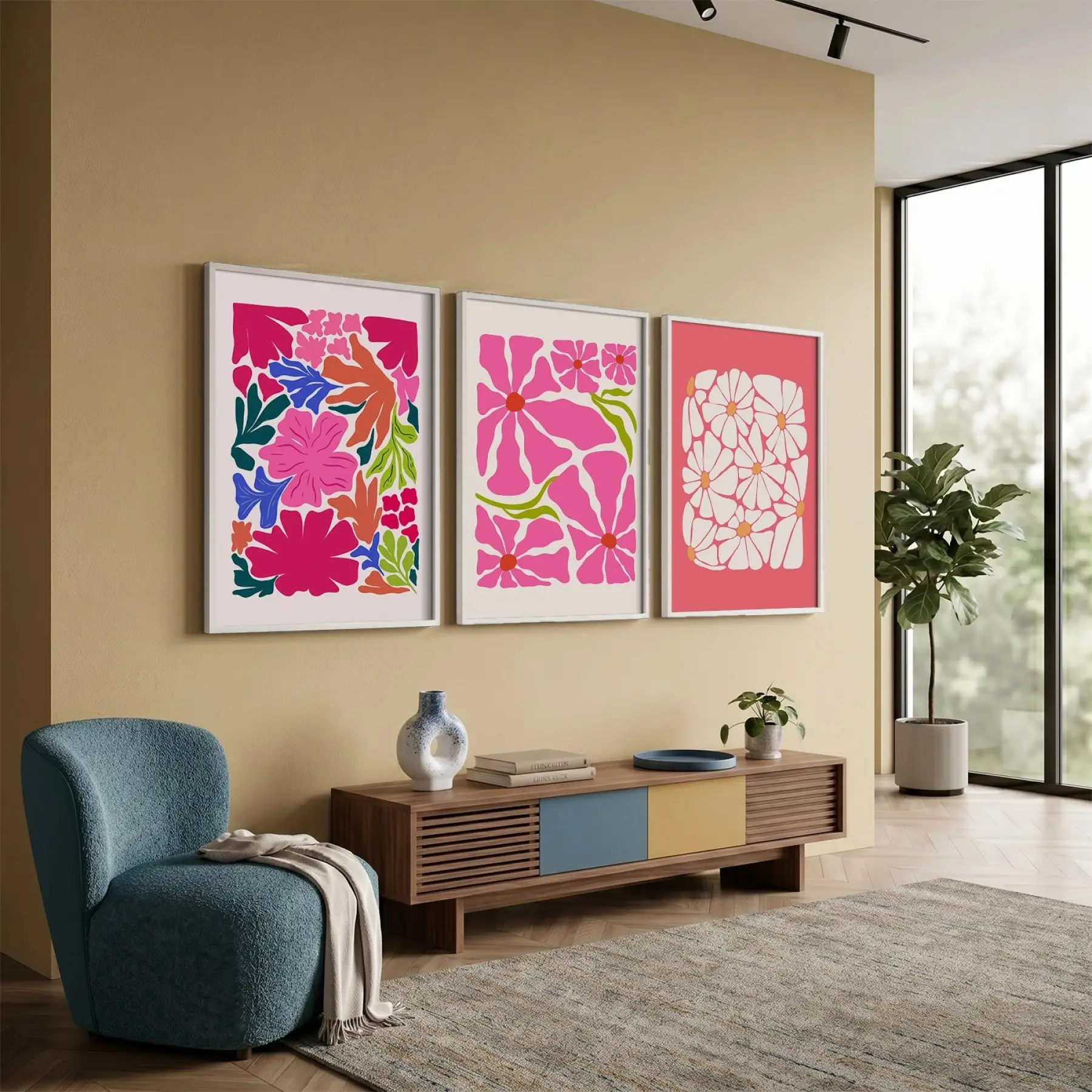 Canlı Pembe Floral Kompozisyon 3lü Beyaz Çerçeveli Tablo Seti Bohem Tablo Duvar Tablo Oda