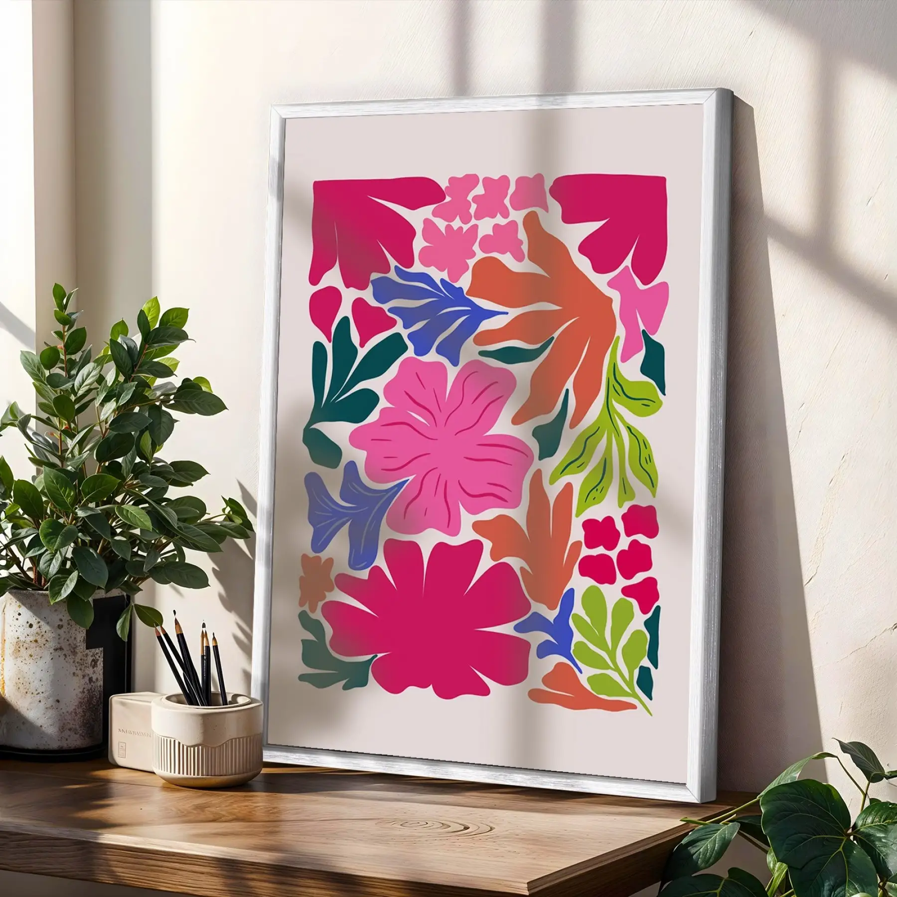 Canlı Pembe Floral Kompozisyon 3lü Beyaz Çerçeveli Tablo Seti Bohem Tablo Duvar Tablo Oda